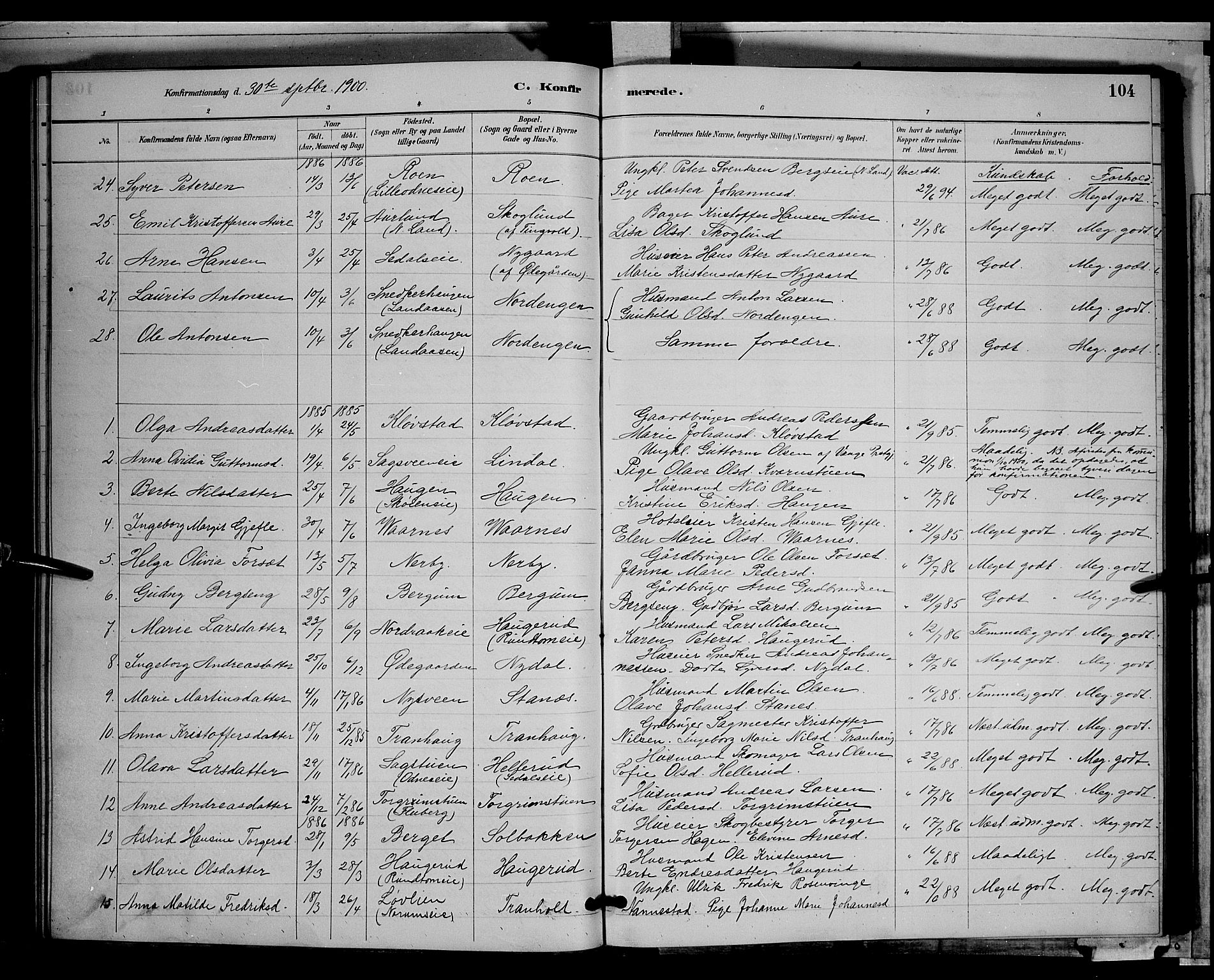 Søndre Land prestekontor, AV/SAH-PREST-122/L/L0003: Parish register (copy) no. 3, 1884-1902, p. 104