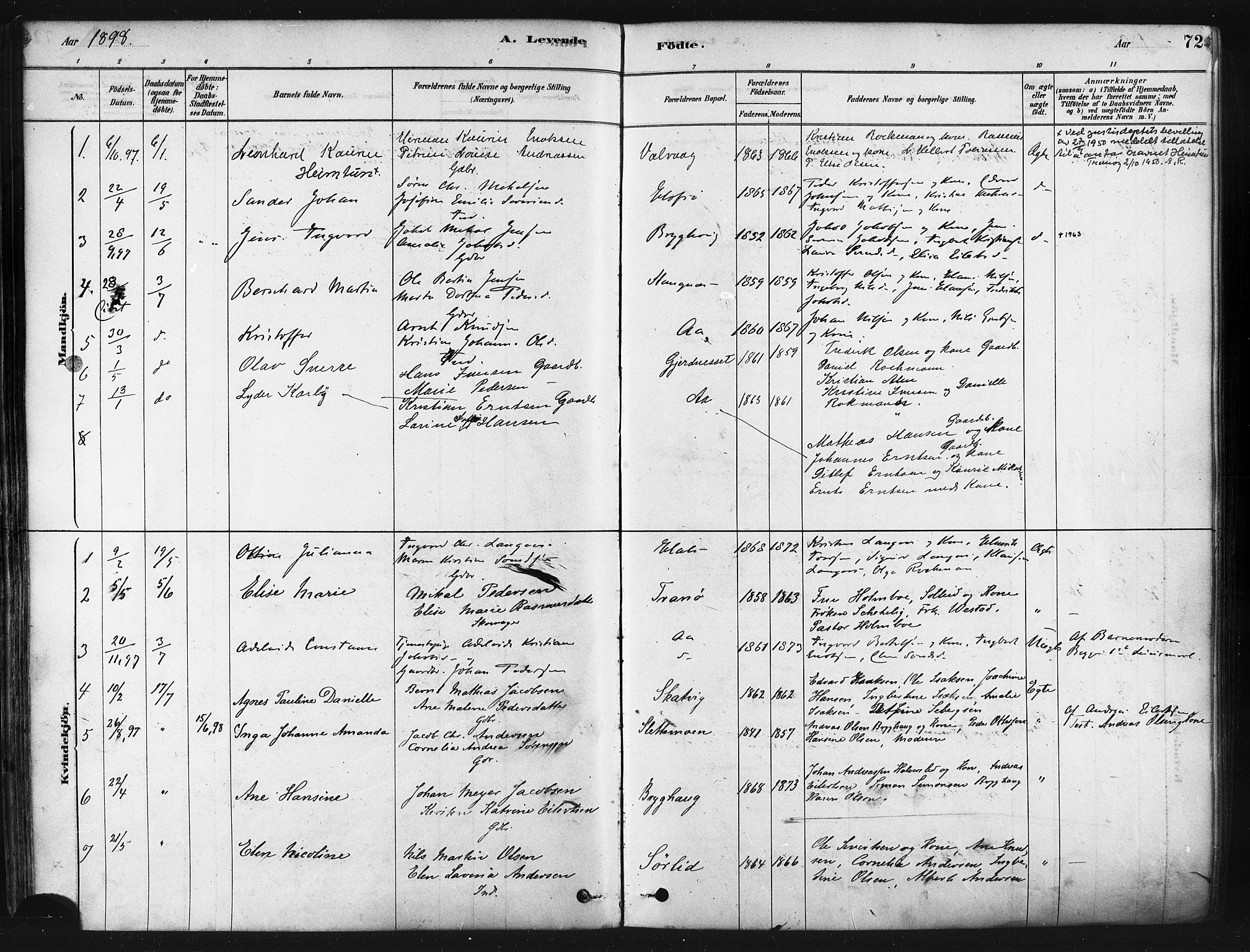 Tranøy sokneprestkontor, AV/SATØ-S-1313/I/Ia/Iaa/L0009kirke: Parish register (official) no. 9, 1878-1904, p. 72