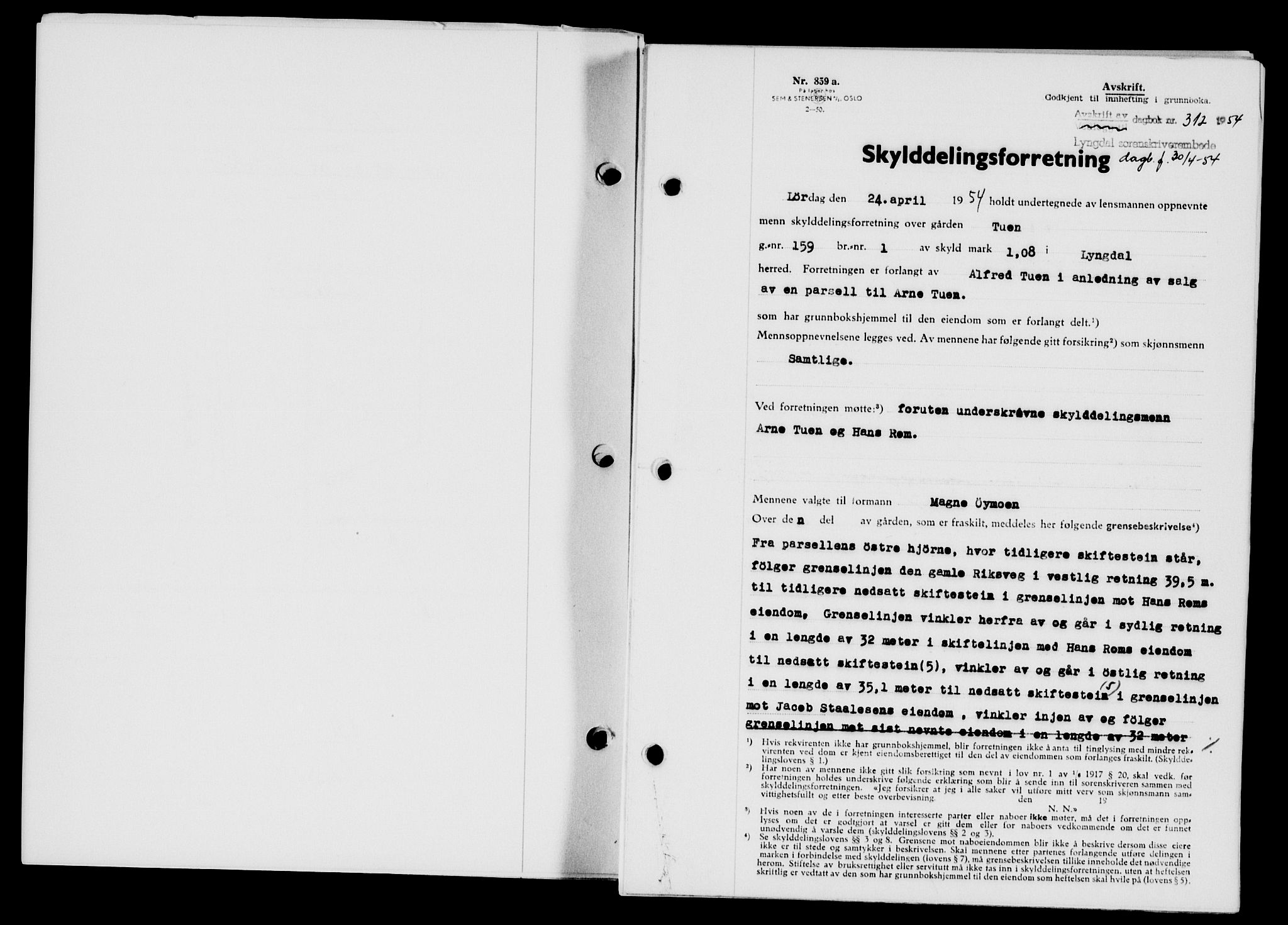 Lyngdal sorenskriveri, AV/SAK-1221-0004/G/Gb/L0670: Mortgage book no. A XVI, 1954-1954, Diary no: : 312/1954