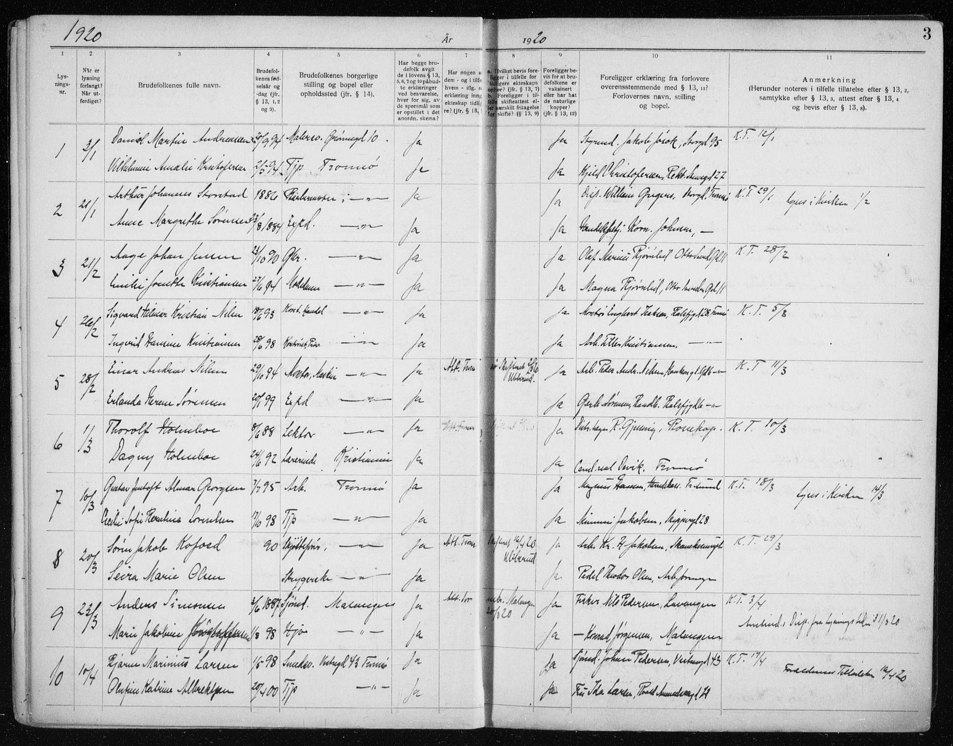 Tromsø sokneprestkontor/stiftsprosti/domprosti, AV/SATØ-S-1343/H/Hc/L0100: Banns register no. 100, 1919-1933, p. 3