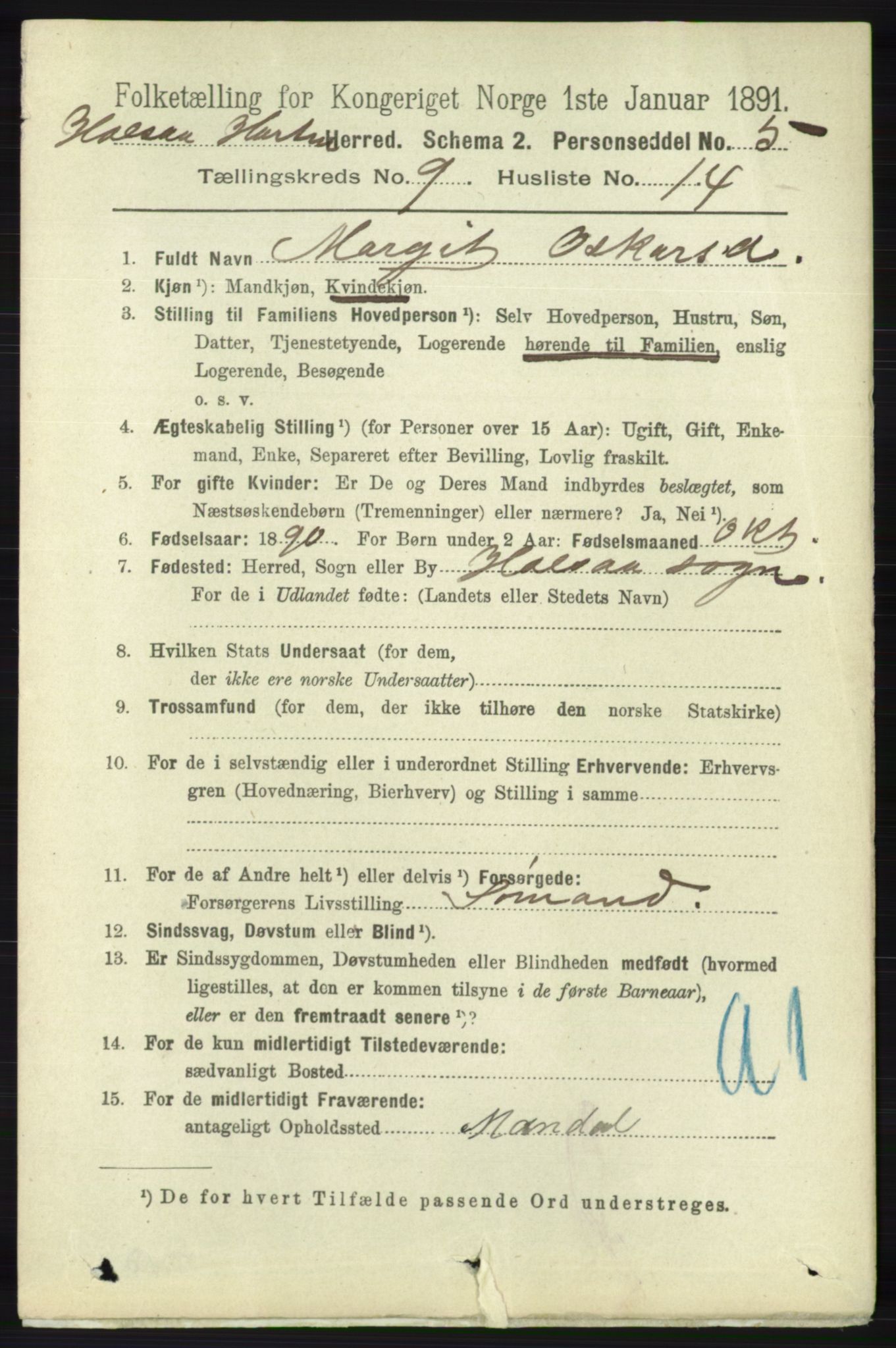 RA, 1891 census for 1019 Halse og Harkmark, 1891, p. 3701