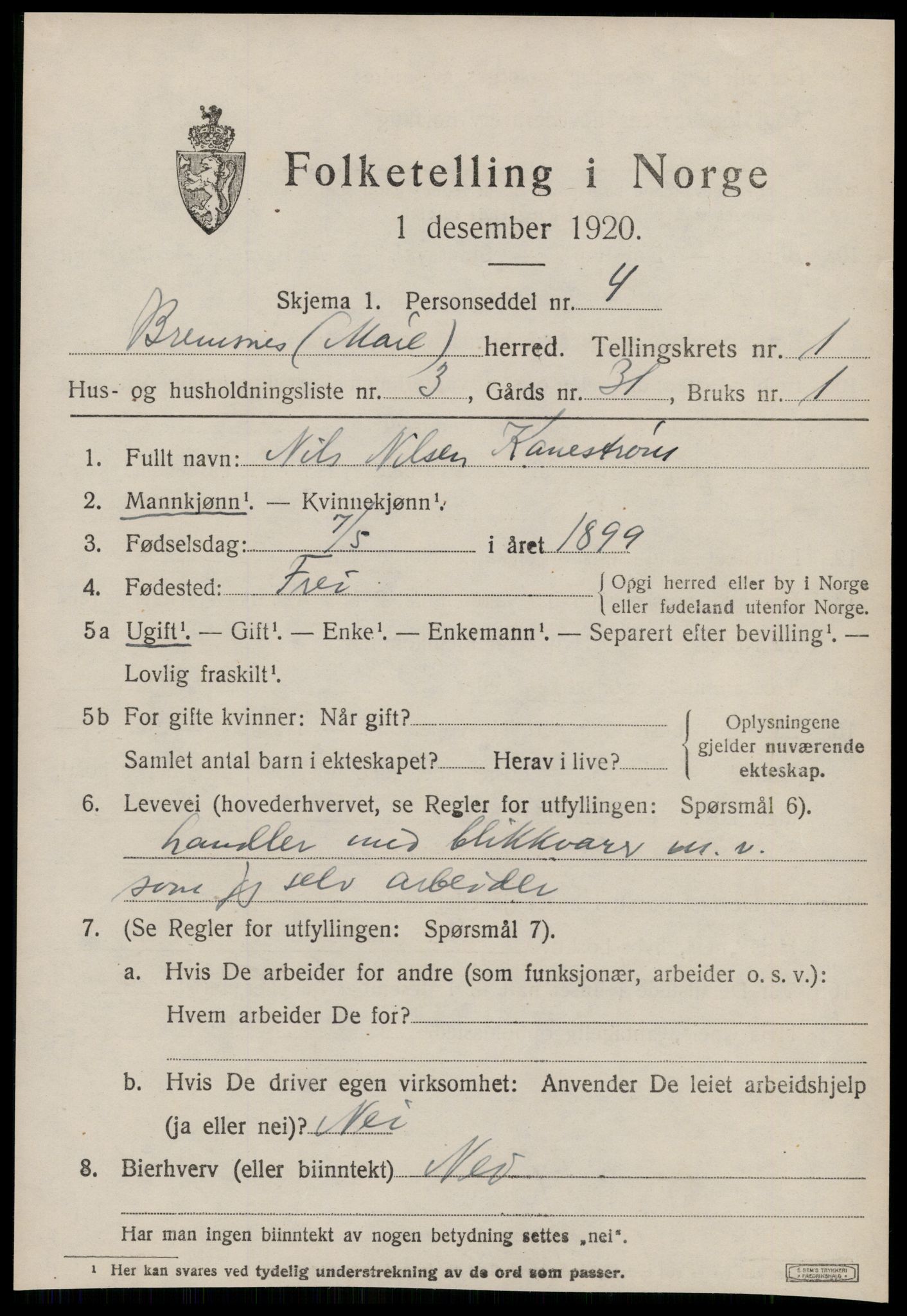 SAT, 1920 census for Bremsnes, 1920, p. 1507