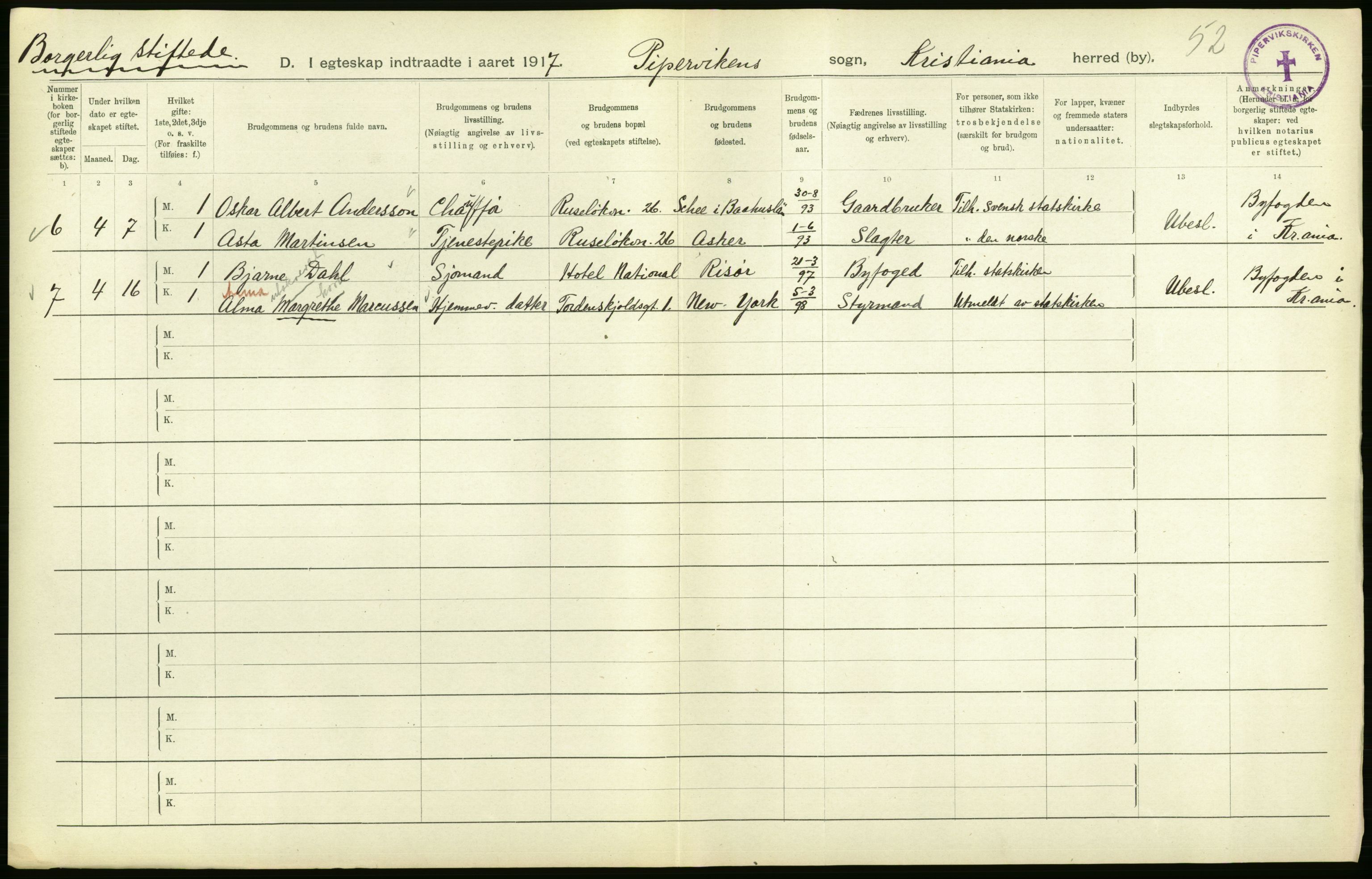 Statistisk sentralbyrå, Sosiodemografiske emner, Befolkning, AV/RA-S-2228/D/Df/Dfb/Dfbg/L0009: Kristiania: Gifte, 1917, p. 284