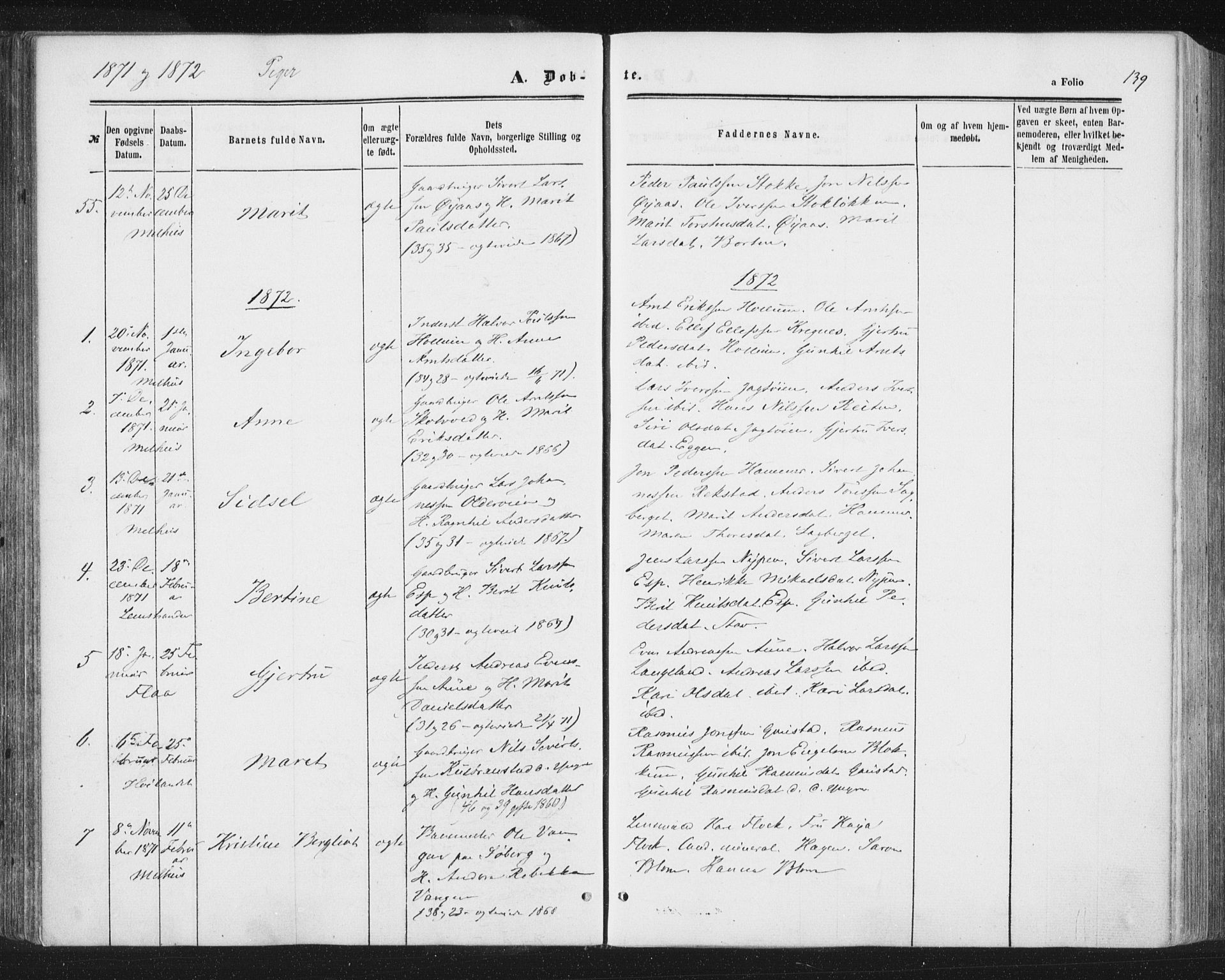 Ministerialprotokoller, klokkerbøker og fødselsregistre - Sør-Trøndelag, SAT/A-1456/691/L1077: Parish register (official) no. 691A09, 1862-1873, p. 139