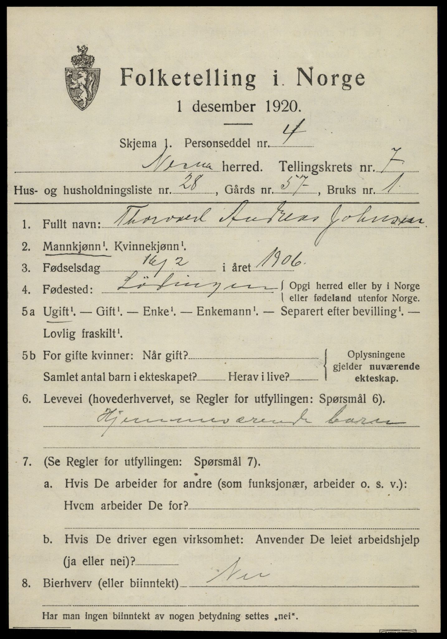 SAT, 1920 census for Nesna, 1920, p. 5739