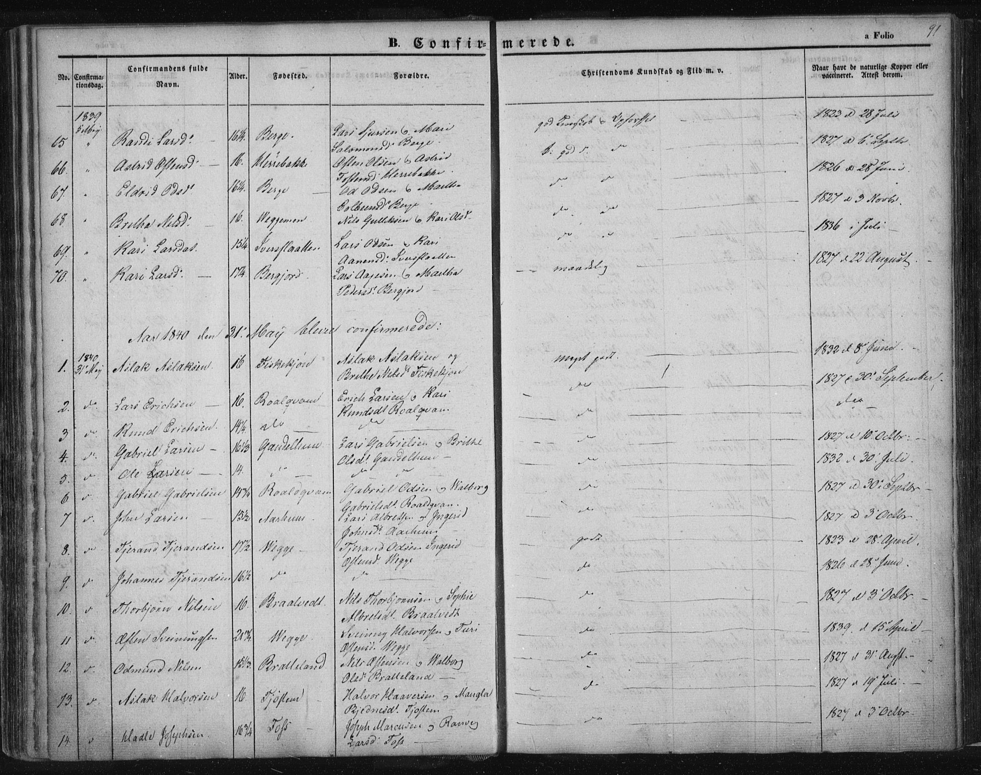 Suldal sokneprestkontor, SAST/A-101845/01/IV/L0008: Parish register (official) no. A 8, 1836-1853, p. 91
