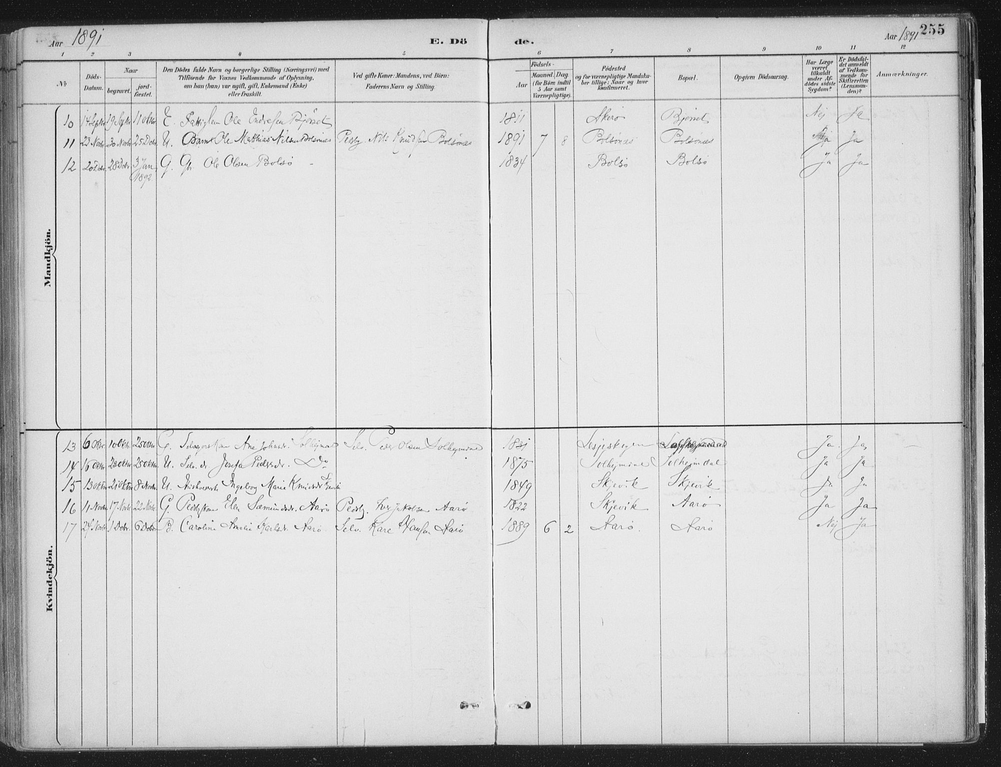 Ministerialprotokoller, klokkerbøker og fødselsregistre - Møre og Romsdal, AV/SAT-A-1454/555/L0658: Parish register (official) no. 555A09, 1887-1917, p. 255