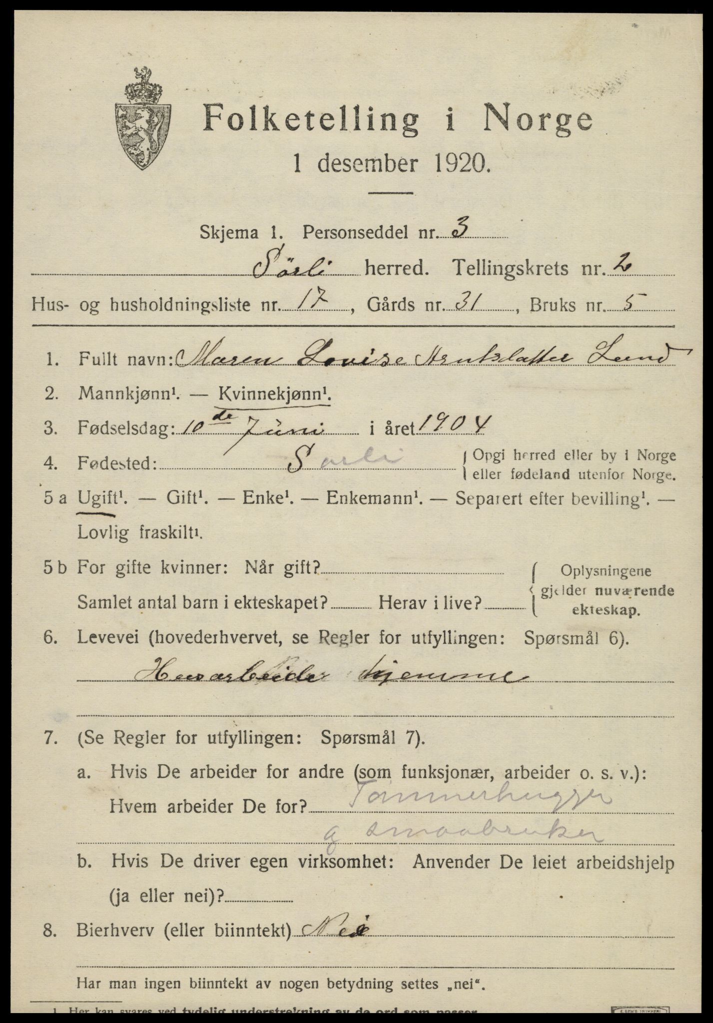 SAT, 1920 census for Sørli, 1920, p. 1057