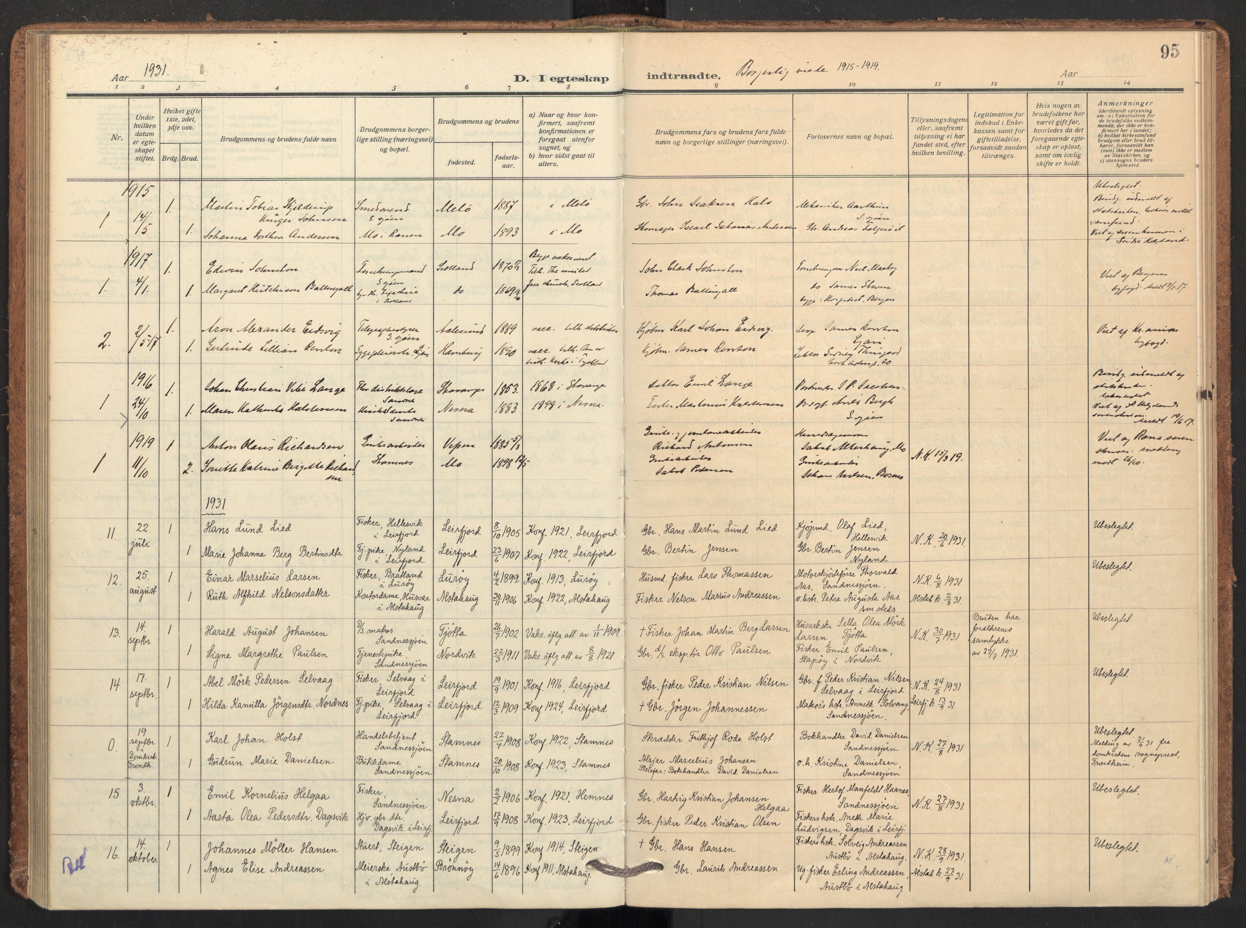 Ministerialprotokoller, klokkerbøker og fødselsregistre - Nordland, AV/SAT-A-1459/831/L0473: Parish register (official) no. 831A04, 1909-1934, p. 95