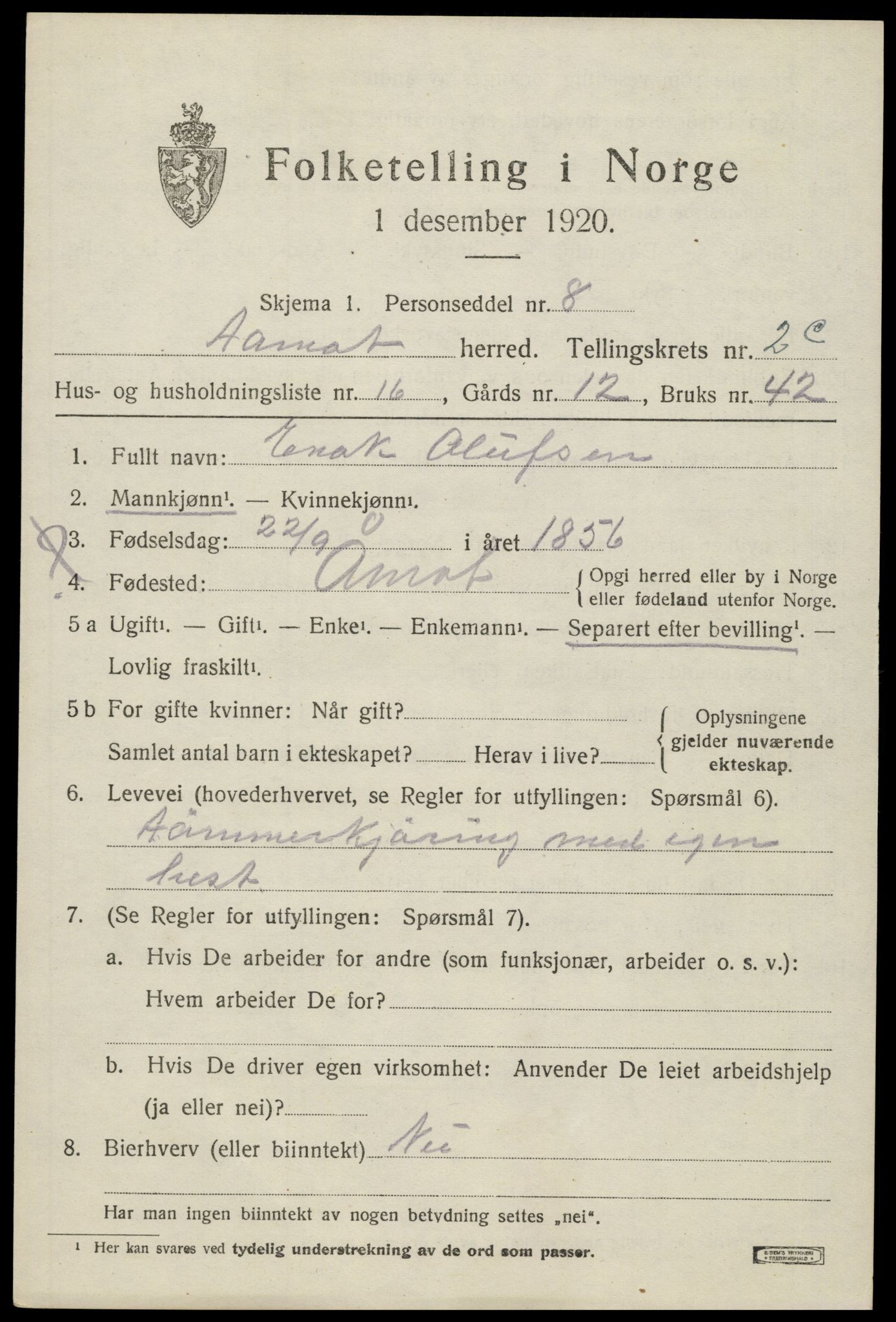 SAH, 1920 census for Åmot, 1920, p. 5225