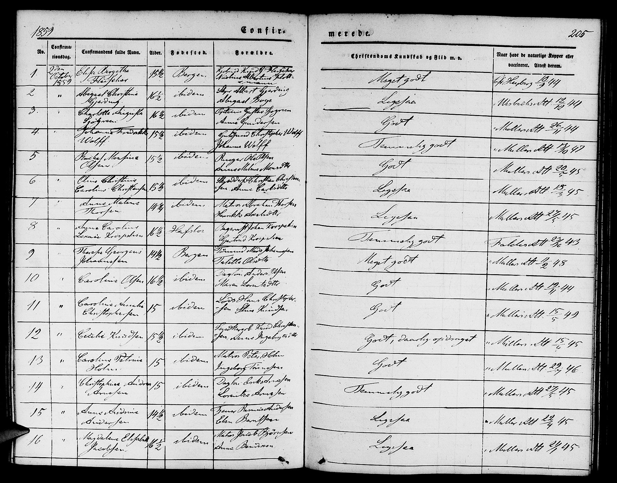 Nykirken Sokneprestembete, SAB/A-77101/H/Hab: Parish register (copy) no. C 1, 1844-1871, p. 205