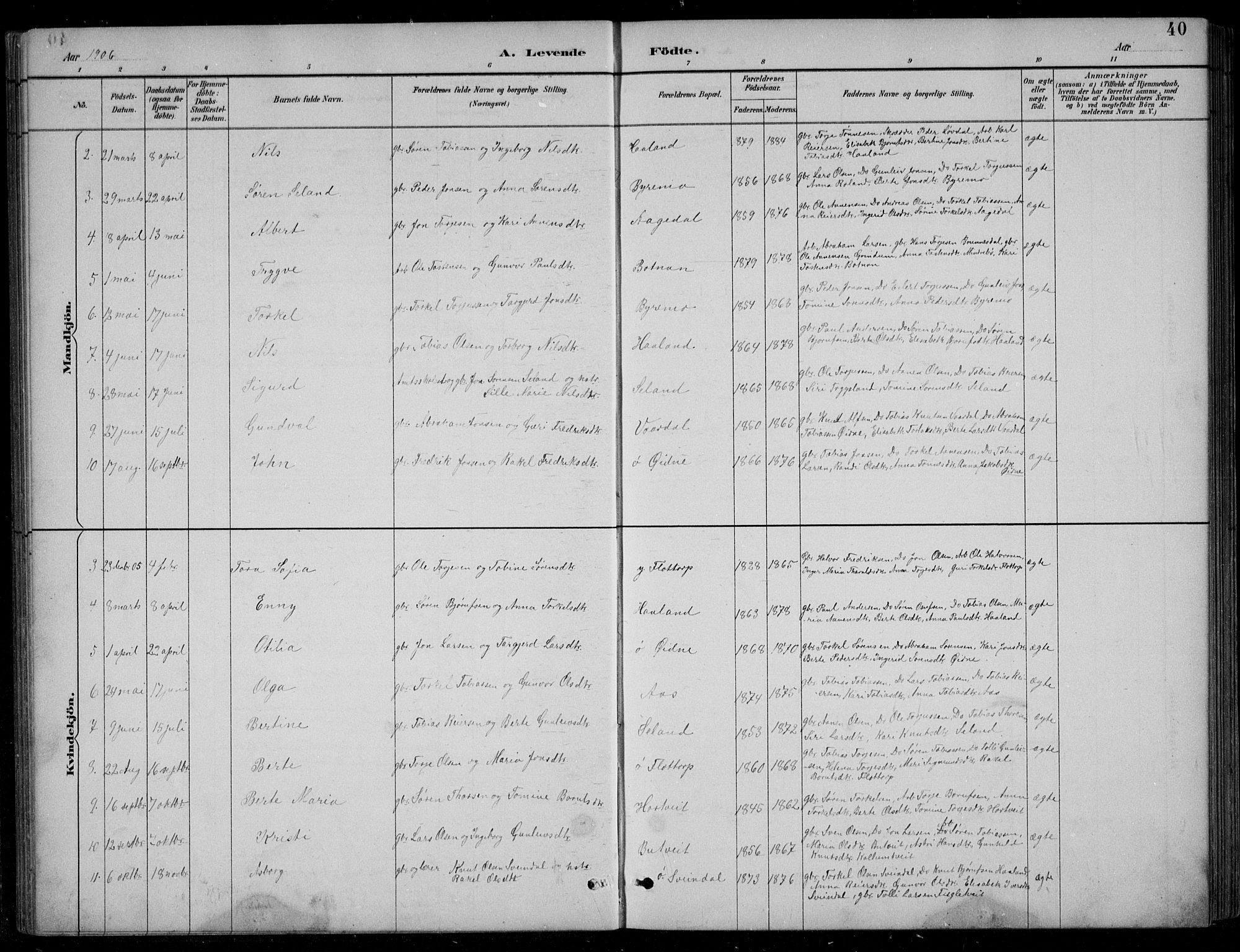 Bjelland sokneprestkontor, SAK/1111-0005/F/Fb/Fbc/L0003: Parish register (copy) no. B 3, 1887-1924, p. 40