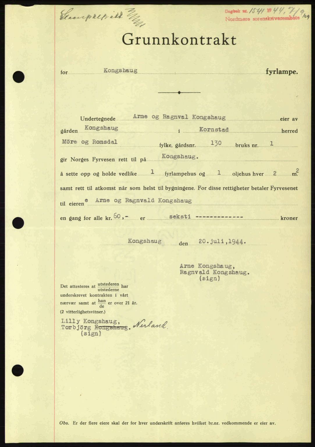 Nordmøre sorenskriveri, AV/SAT-A-4132/1/2/2Ca: Mortgage book no. B92, 1944-1945, Diary no: : 1541/1944