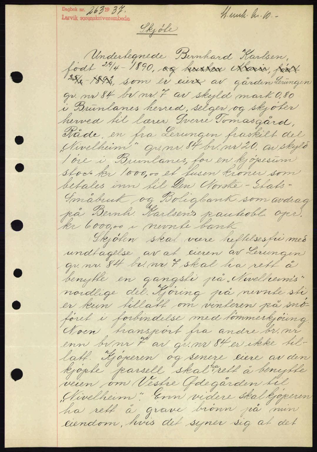 Larvik sorenskriveri, SAKO/A-83/G/Ga/Gab/L0067: Mortgage book no. A-1, 1936-1937, Diary no: : 263/1937