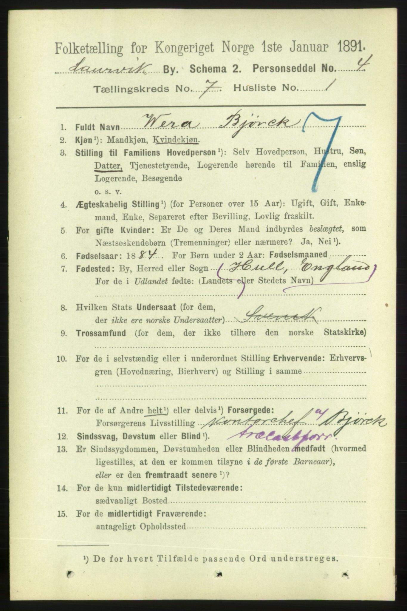 RA, 1891 census for 0707 Larvik, 1891, p. 7157