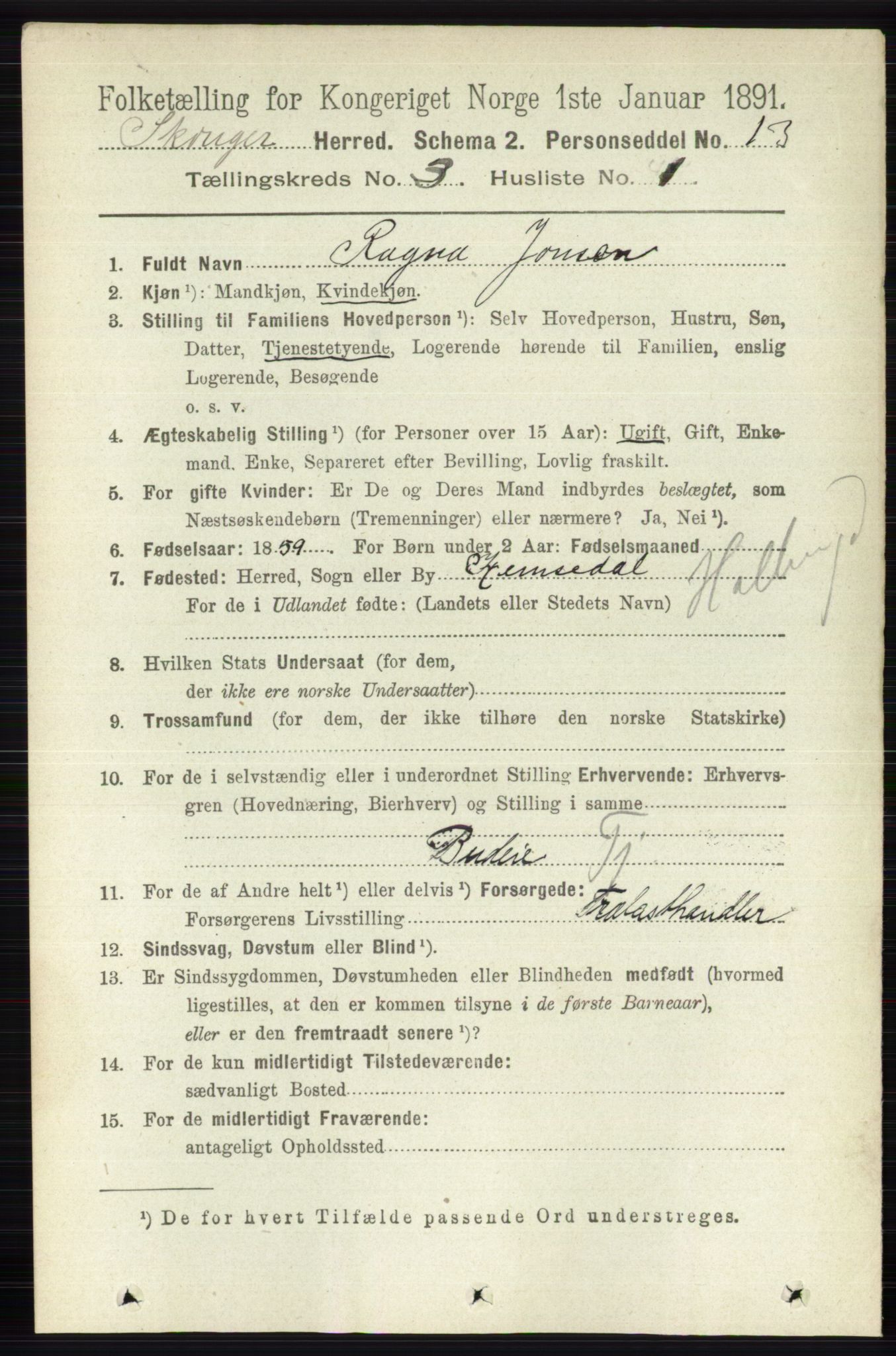 RA, 1891 census for 0712 Skoger, 1891, p. 1571