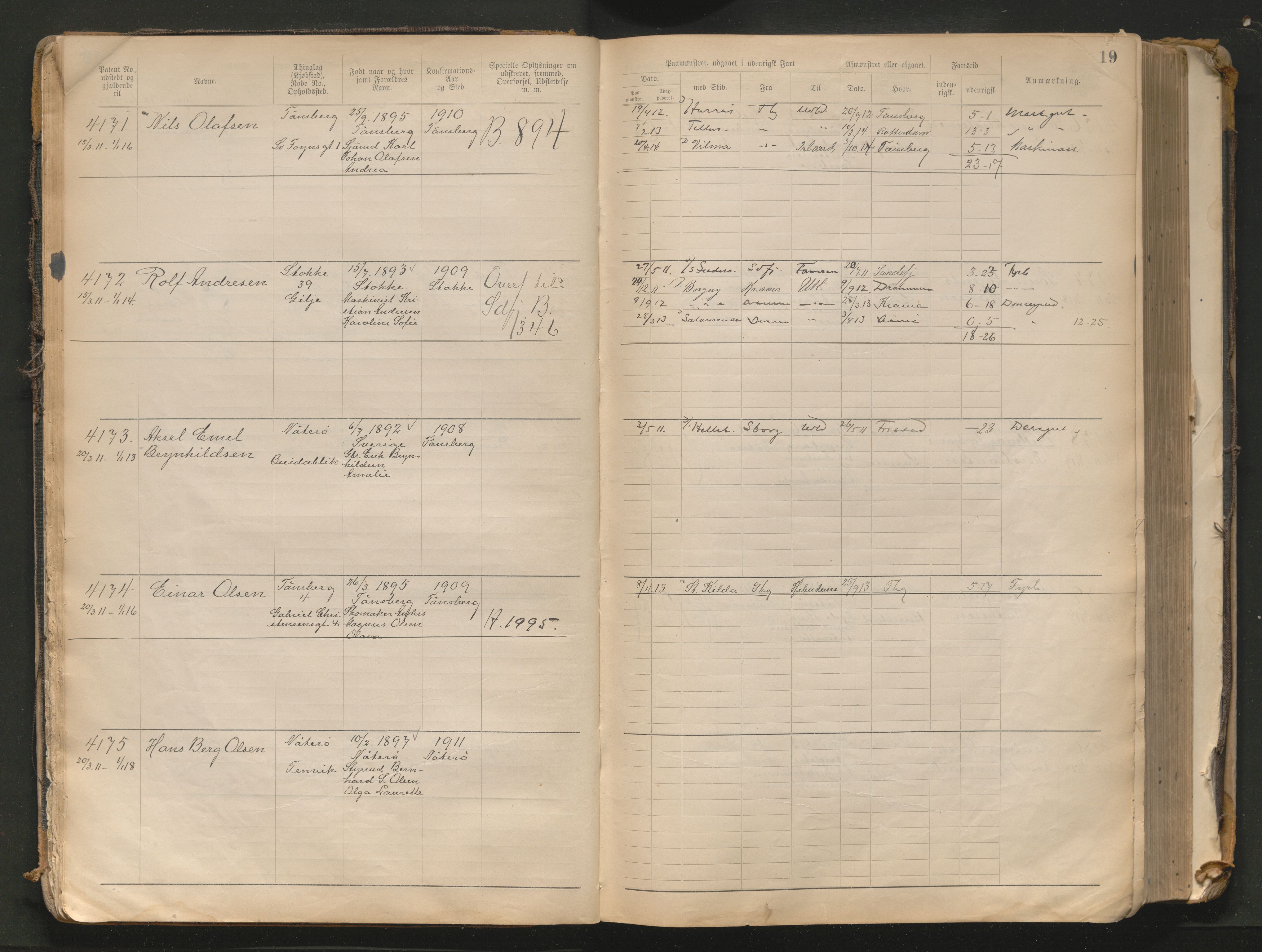 Tønsberg innrulleringskontor, AV/SAKO-A-786/F/Fb/L0010: Annotasjonsrulle Patent nr. 4081-4988, 1911-1948, p. 19