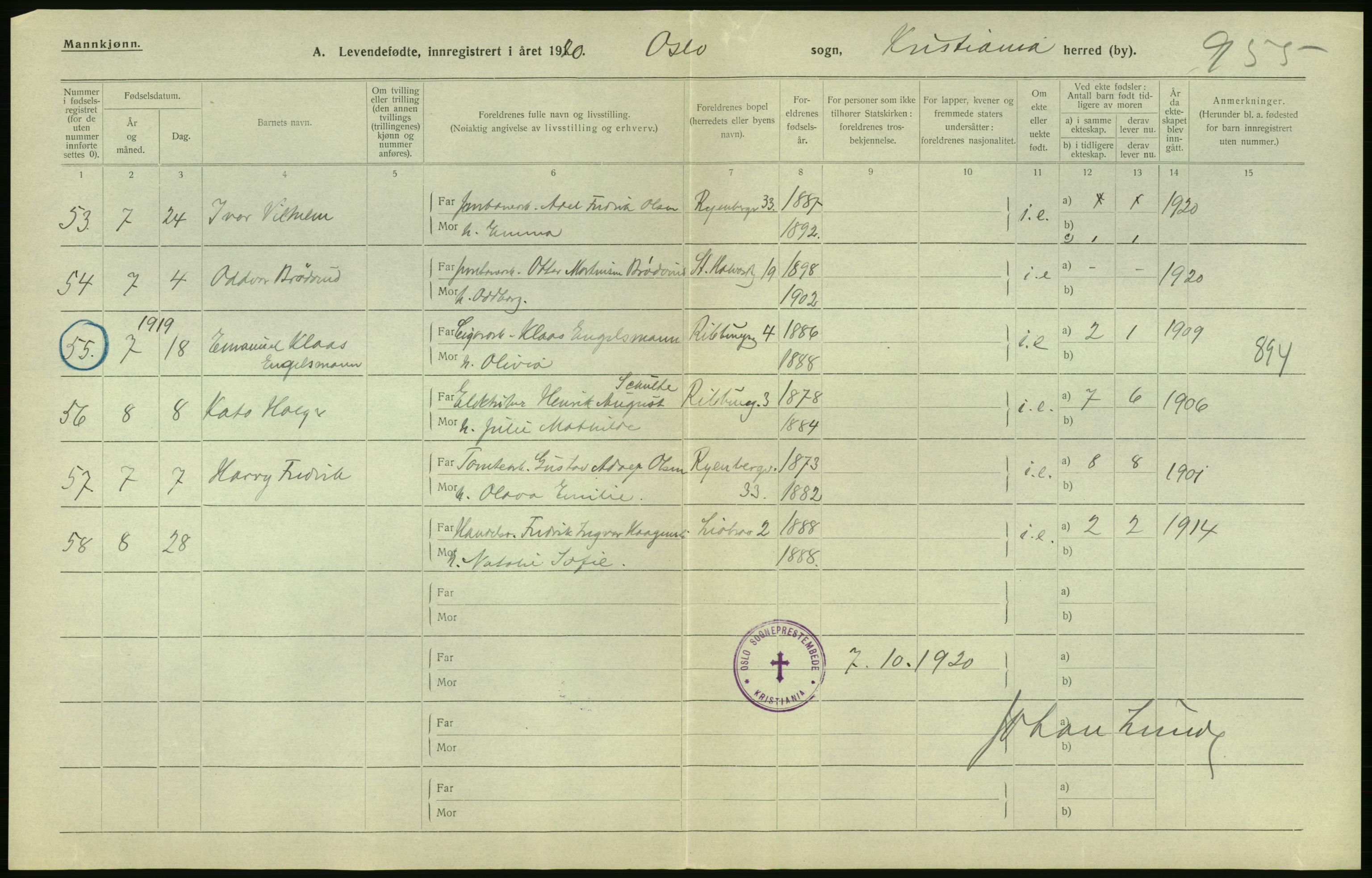 Statistisk sentralbyrå, Sosiodemografiske emner, Befolkning, AV/RA-S-2228/D/Df/Dfb/Dfbj/L0008: Kristiania: Levendefødte menn og kvinner., 1920, p. 18