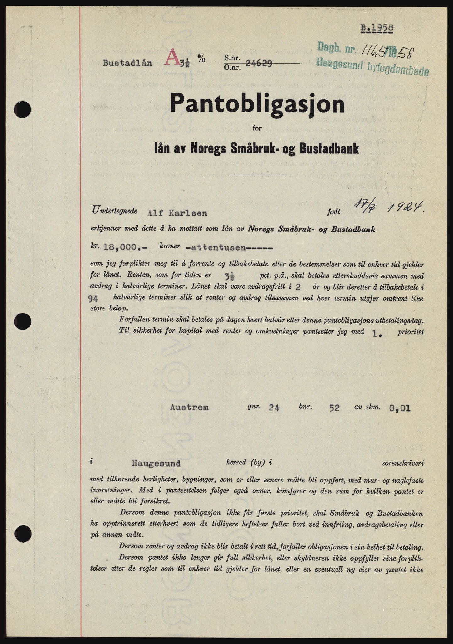 Haugesund tingrett, SAST/A-101415/01/II/IIC/L0044: Mortgage book no. B 44, 1958-1959, Diary no: : 1165/1958
