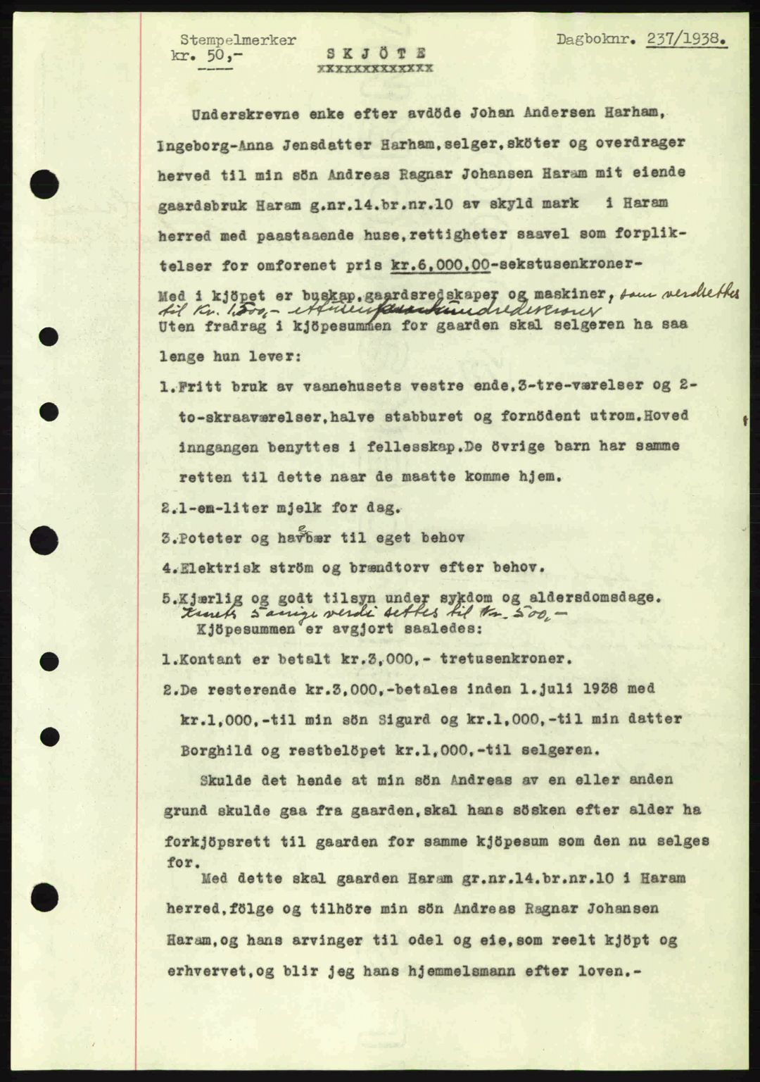 Nordre Sunnmøre sorenskriveri, AV/SAT-A-0006/1/2/2C/2Ca: Mortgage book no. A4, 1937-1938, Diary no: : 237/1938