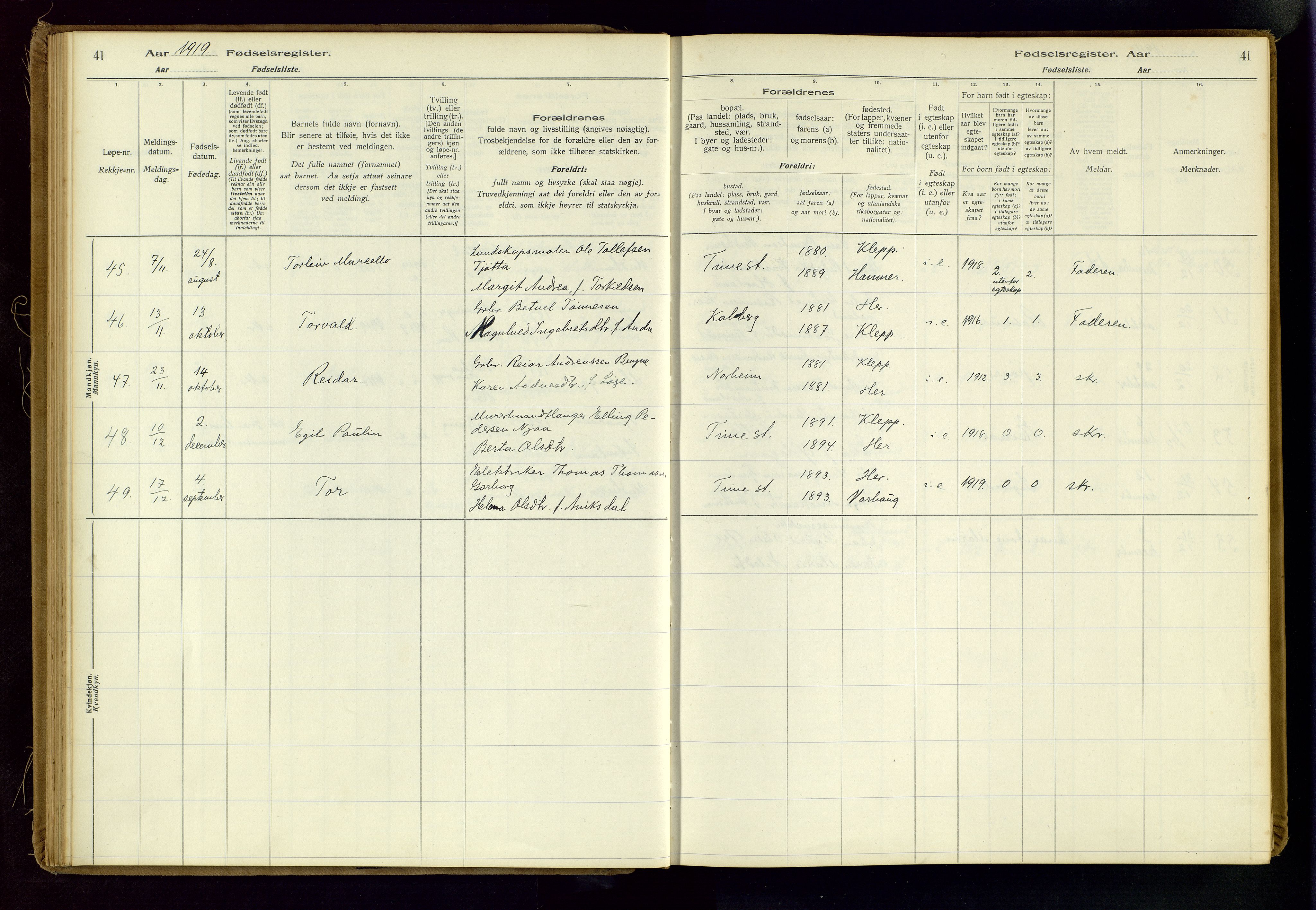 Time sokneprestkontor, AV/SAST-A-101795/001/704BA/L0001: Birth register no. 1, 1916-1934, p. 41