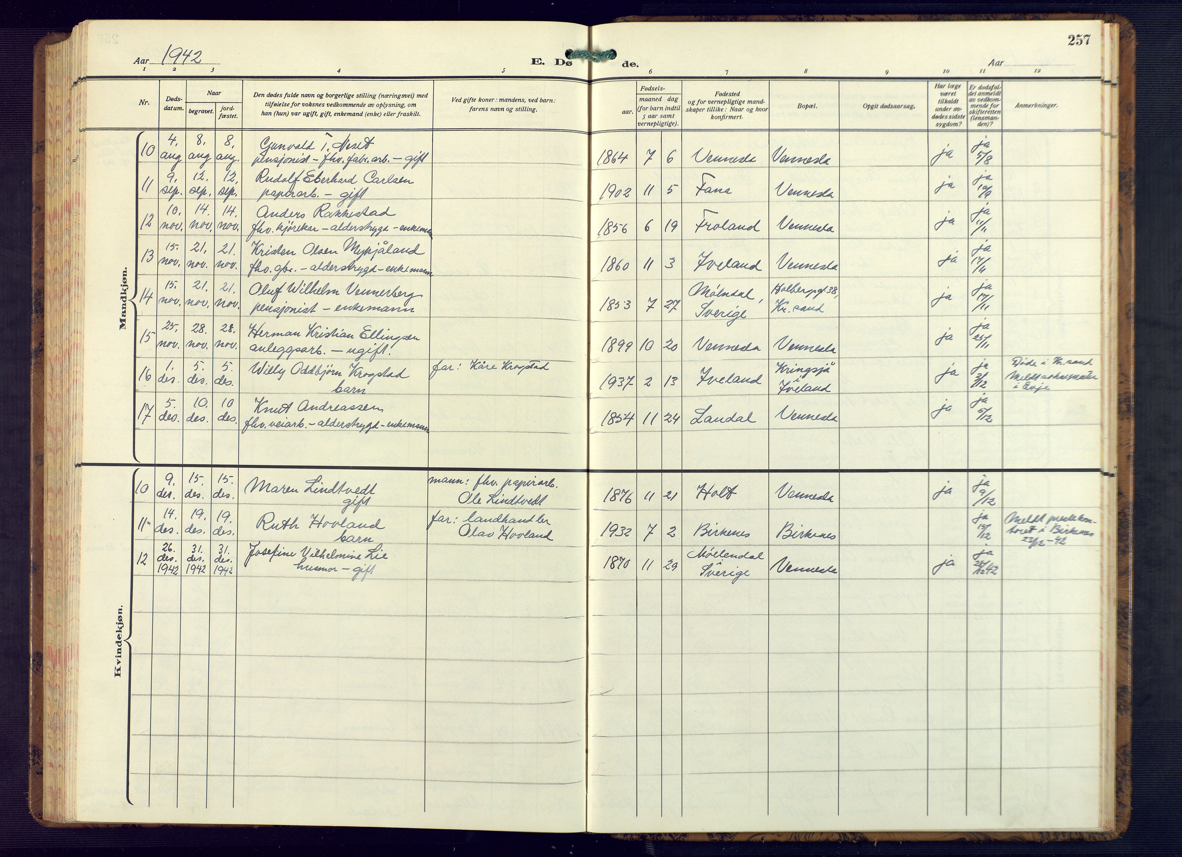 Vennesla sokneprestkontor, AV/SAK-1111-0045/Fb/Fbb/L0008: Parish register (copy) no. B 8, 1934-1947, p. 257