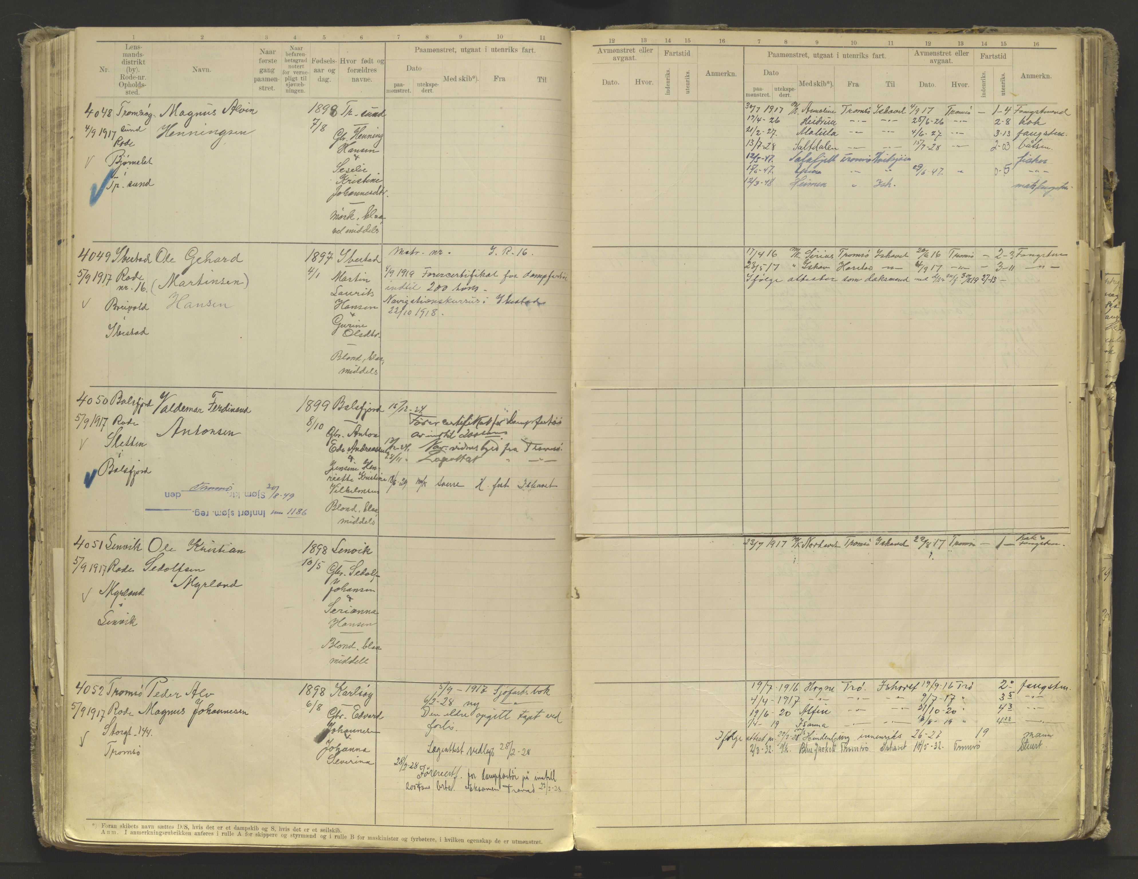 Tromsø sjømannskontor/innrullerings-/mønstringsdistrikt, AV/SATØ-S-0243/F/Fb/L0010: Annotasjonsrulle. Defekt: løs innbinding. Nr. 3519-4972, 1916-1920