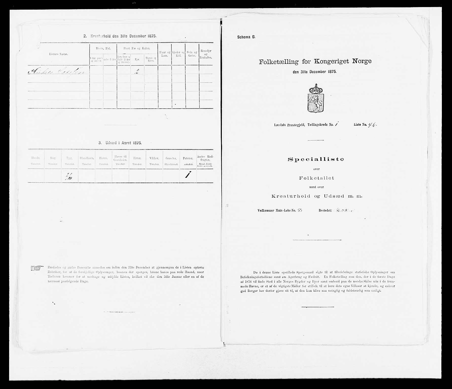 SAB, 1875 census for 1422P Lærdal, 1875, p. 111