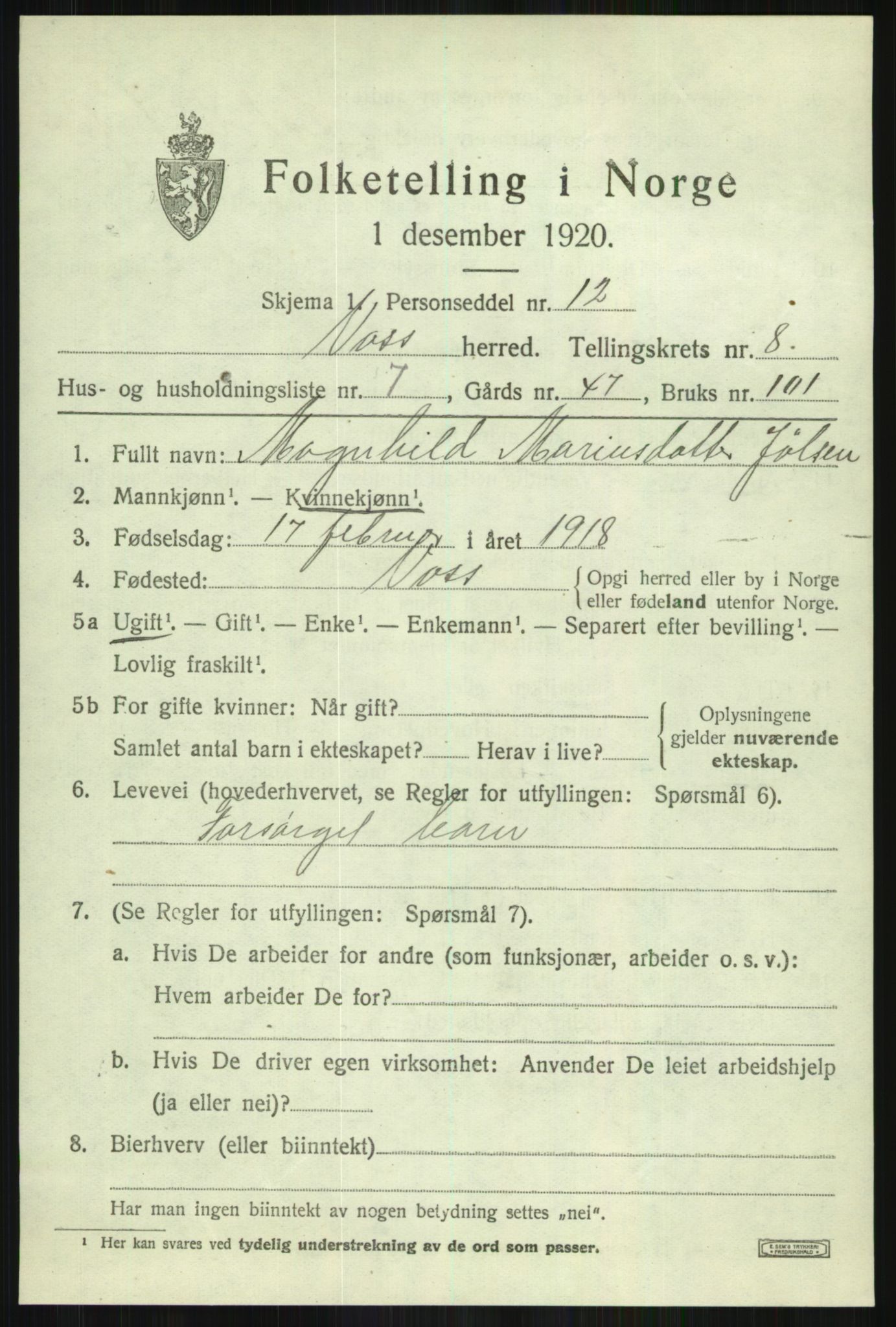 SAB, 1920 census for Voss, 1920, p. 7801