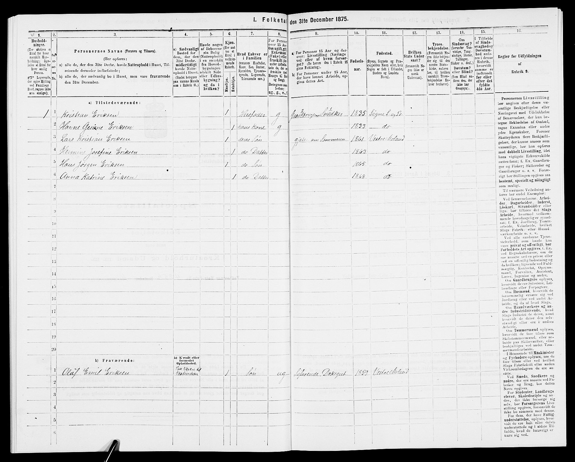 SAK, 1875 census for 0926L Vestre Moland/Vestre Moland, 1875, p. 232