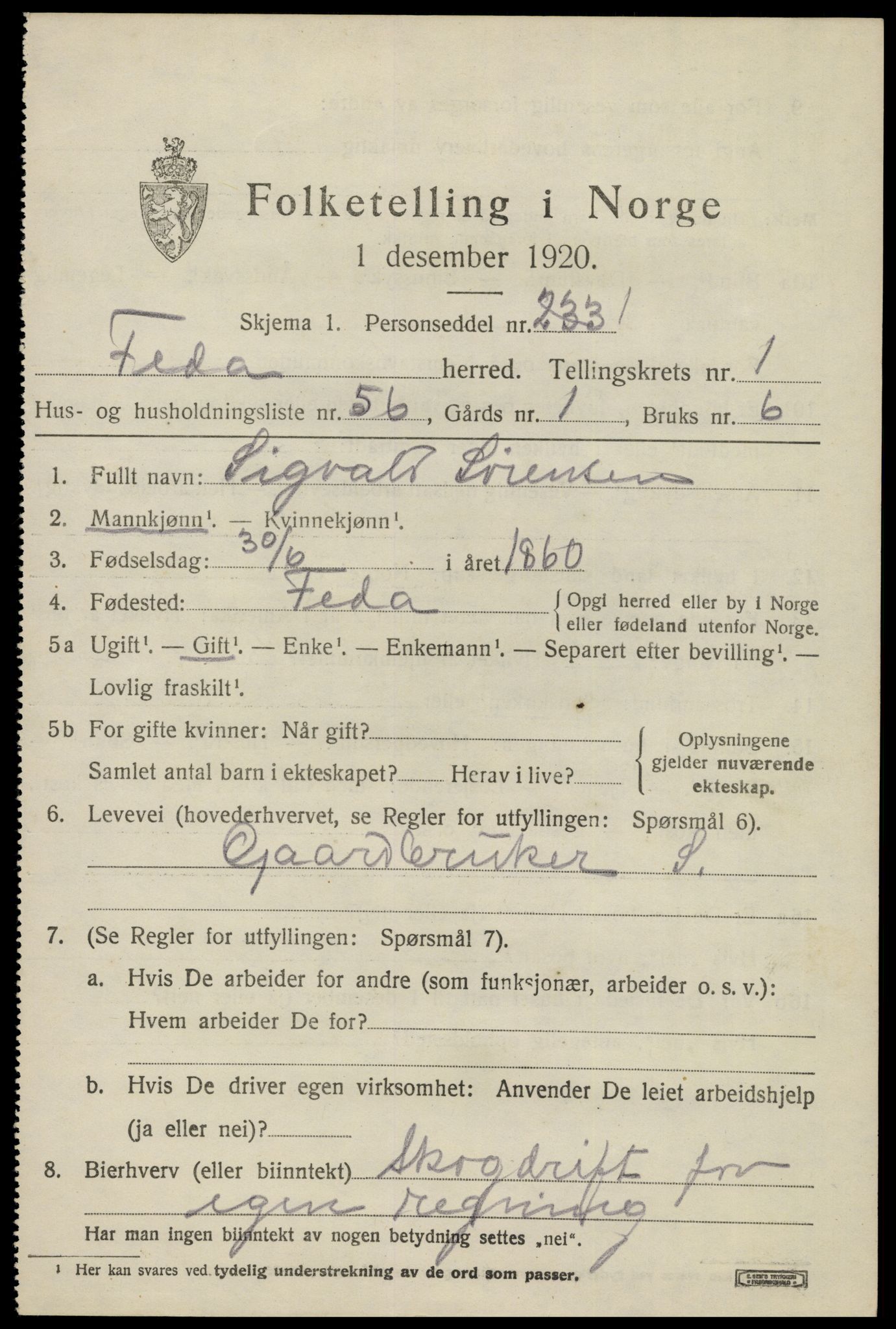 SAK, 1920 census for Feda, 1920, p. 919