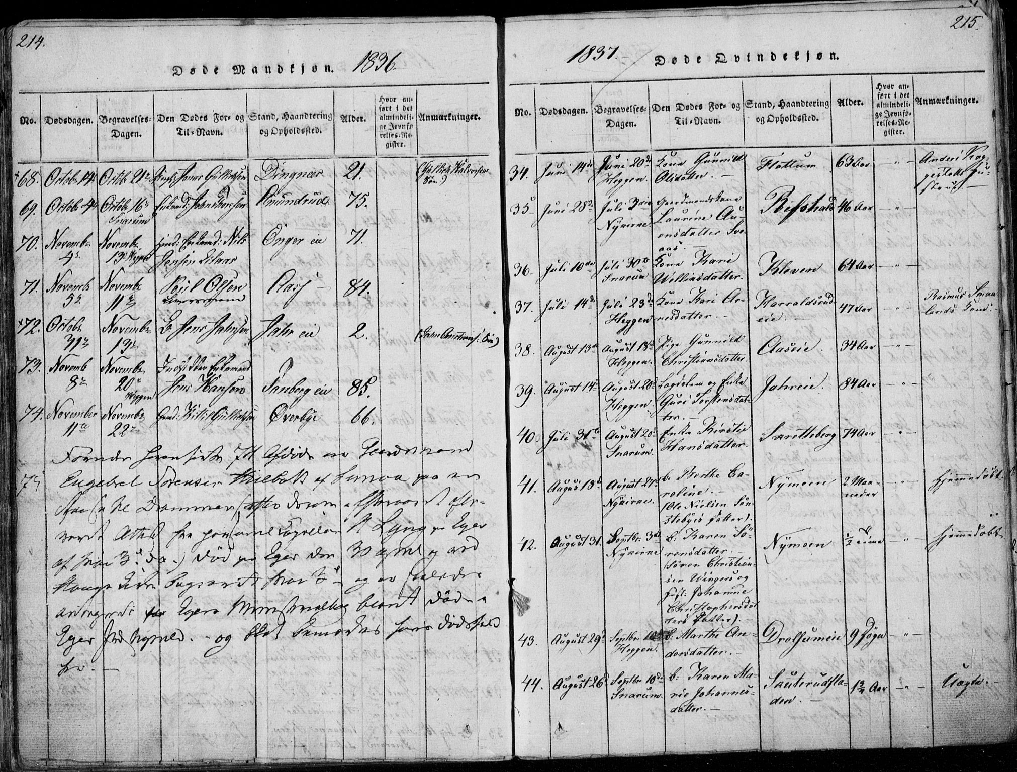 Modum kirkebøker, AV/SAKO-A-234/F/Fa/L0006: Parish register (official) no. 6, 1832-1841, p. 214-215