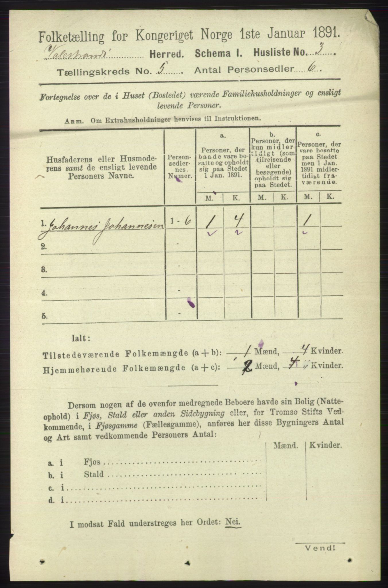 RA, 1891 census for 1217 Valestrand, 1891, p. 1091