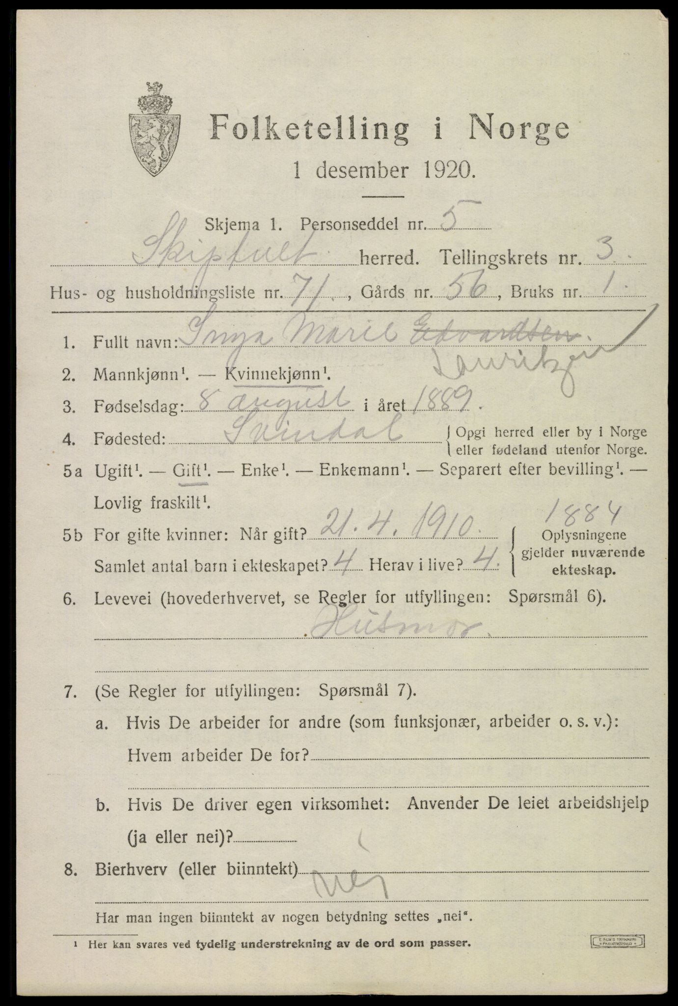 SAO, 1920 census for Skiptvet, 1920, p. 3719