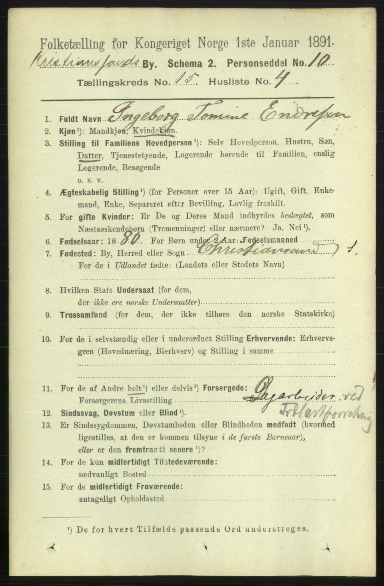 RA, 1891 census for 1001 Kristiansand, 1891, p. 6342