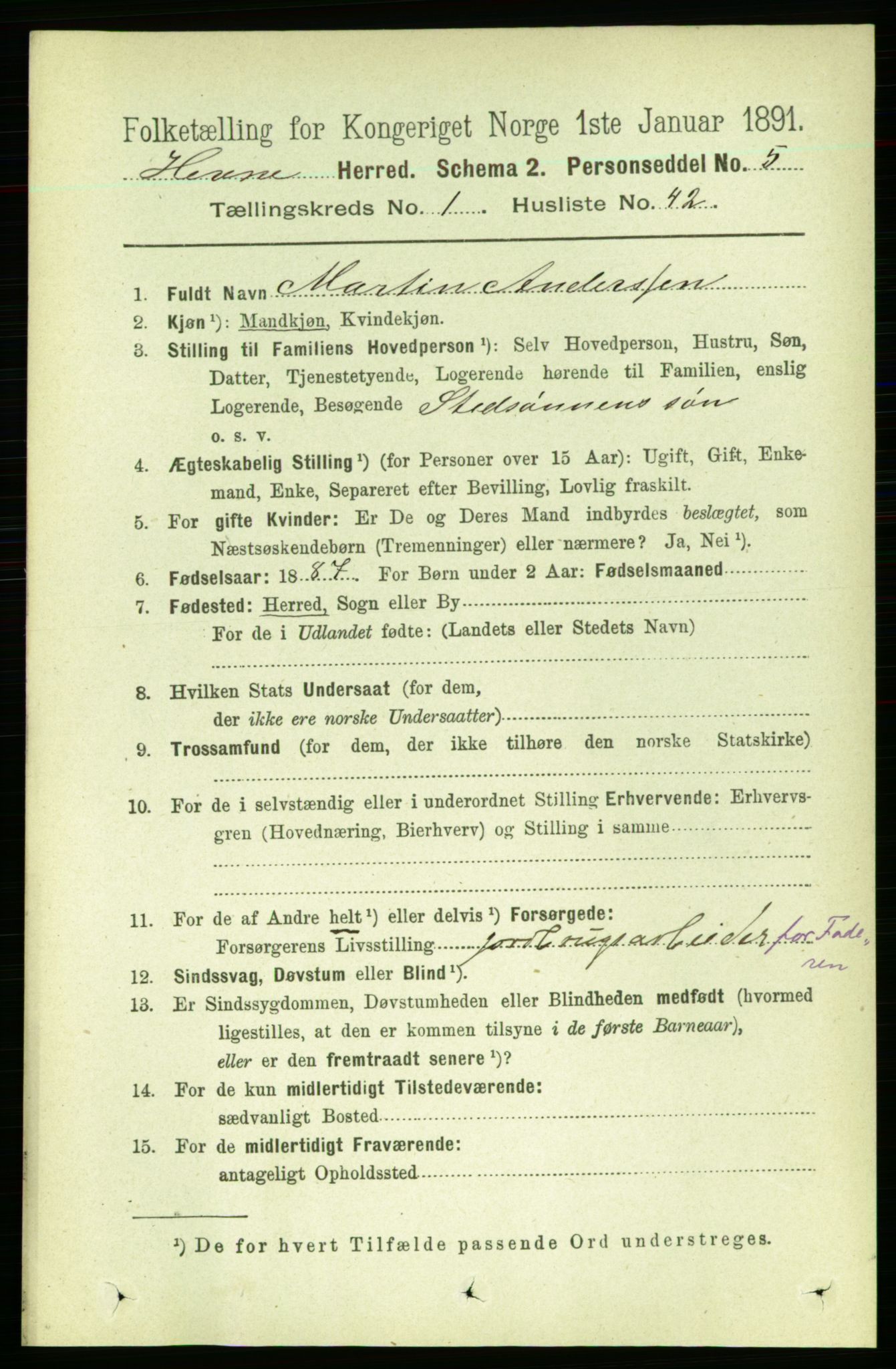 RA, 1891 census for 1612 Hemne, 1891, p. 390