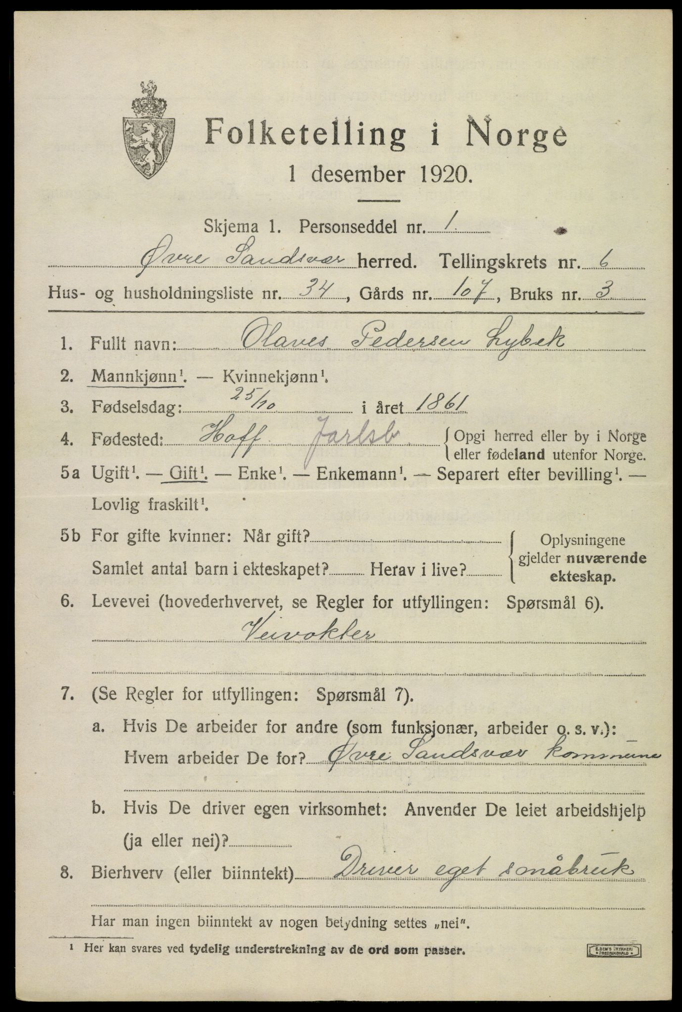 SAKO, 1920 census for Øvre Sandsvær, 1920, p. 3734