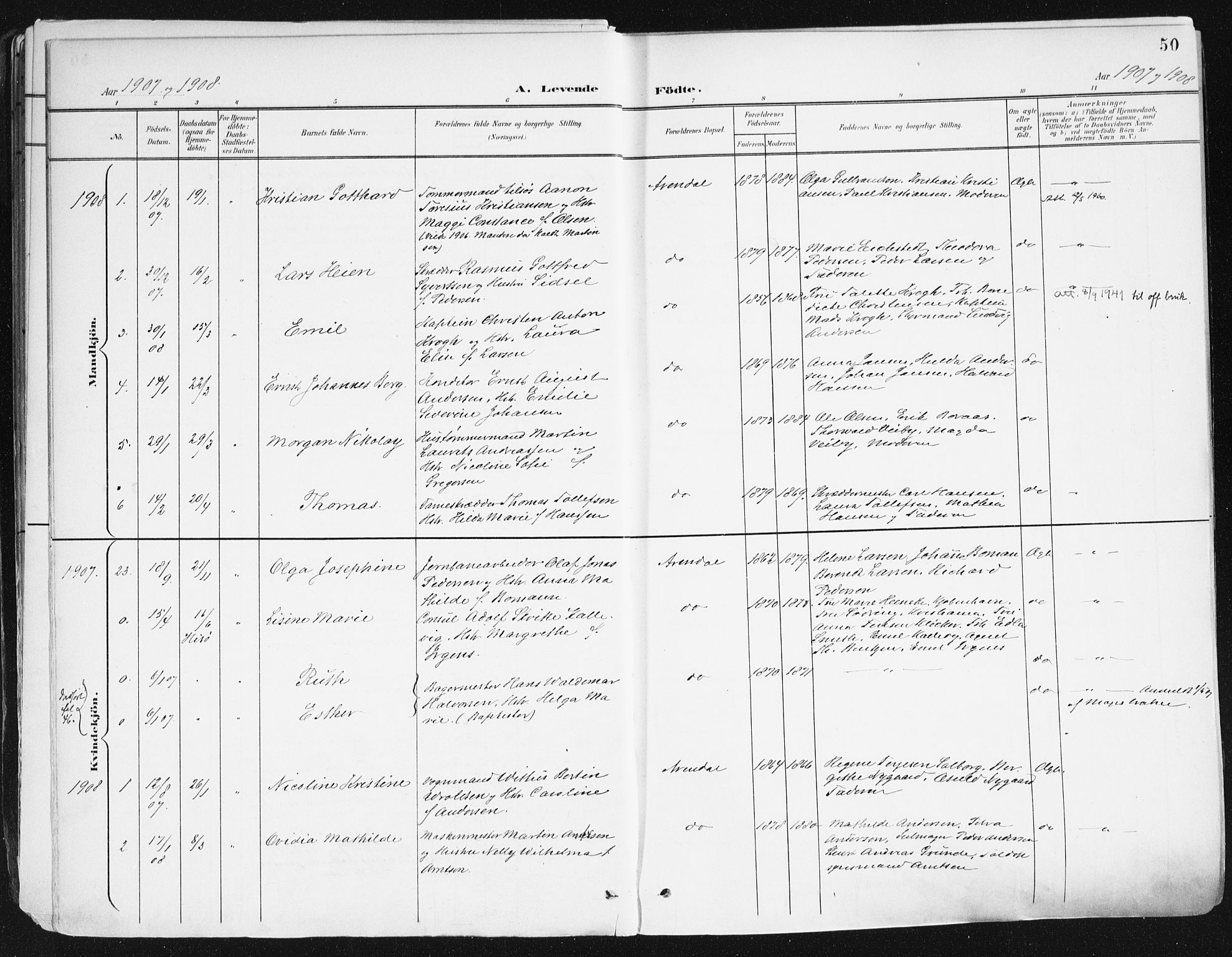 Arendal sokneprestkontor, Trefoldighet, SAK/1111-0040/F/Fa/L0010: Parish register (official) no. A 10, 1900-1919, p. 50