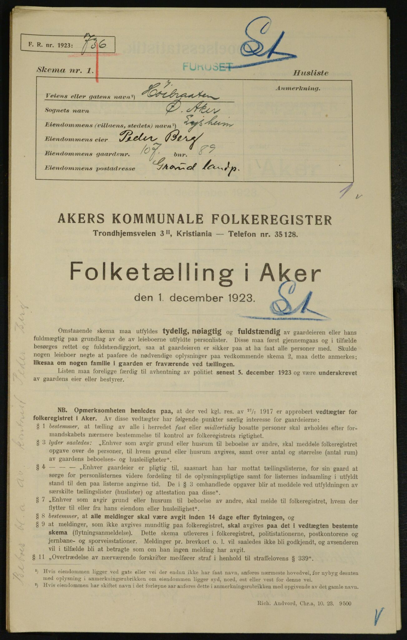 , Municipal Census 1923 for Aker, 1923, p. 27554