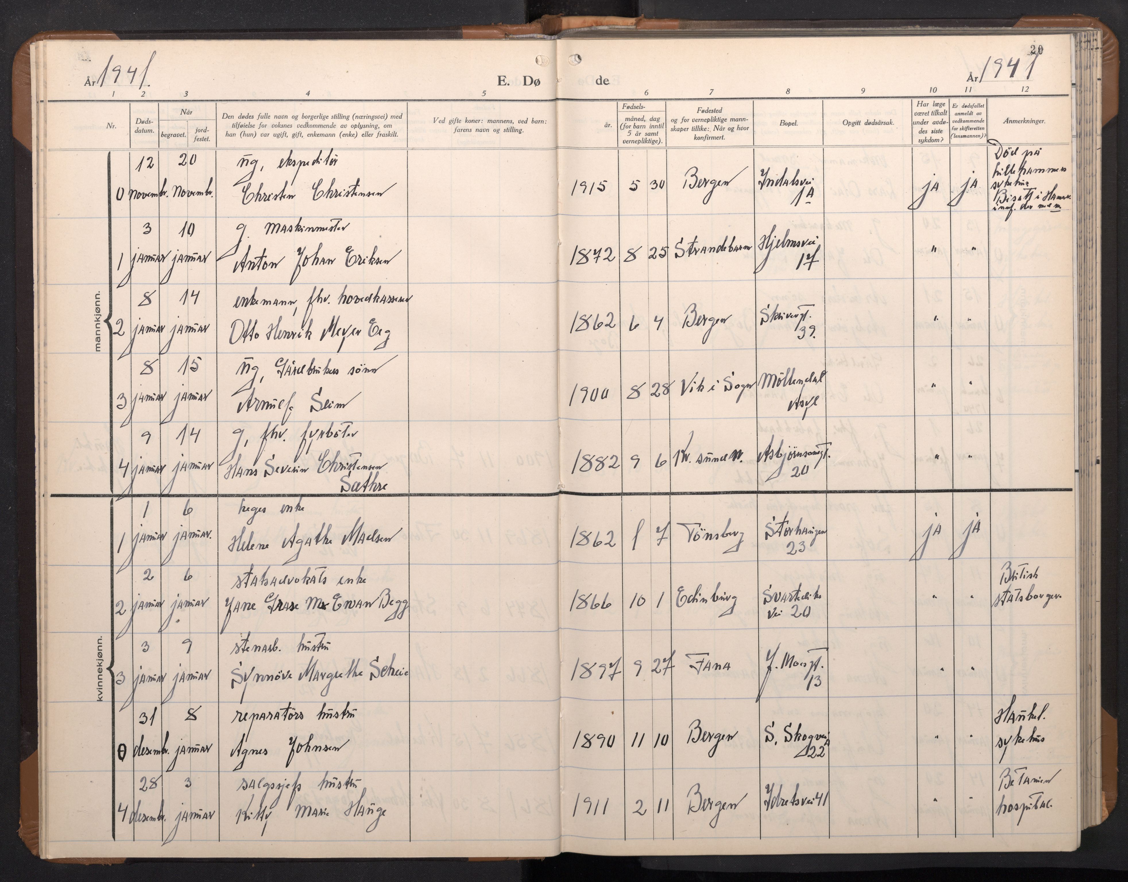 Årstad Sokneprestembete, AV/SAB-A-79301/H/Hab/L0026: Parish register (copy) no. D 3, 1940-1950, p. 19b-20a