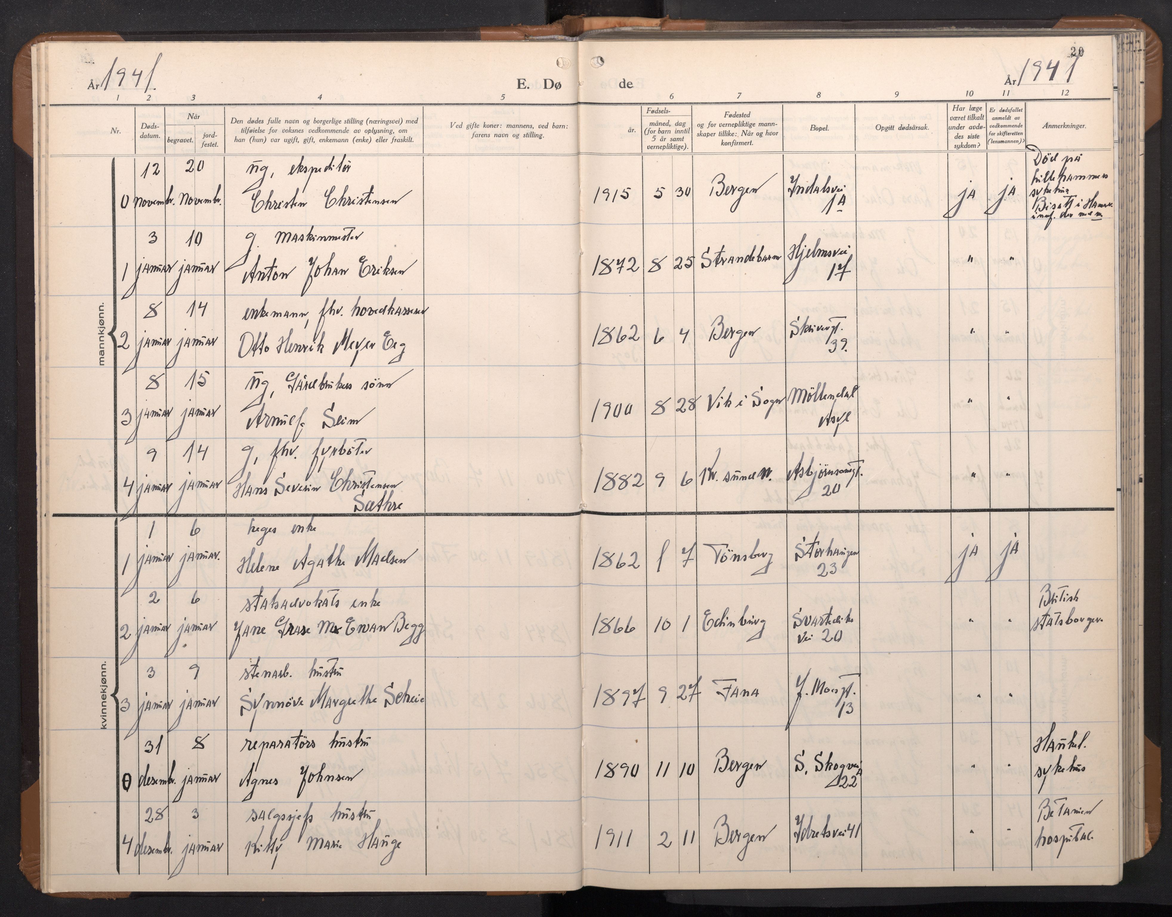 Årstad Sokneprestembete, SAB/A-79301/H/Hab/L0026: Parish register (copy) no. D 3, 1940-1950, p. 19b-20a