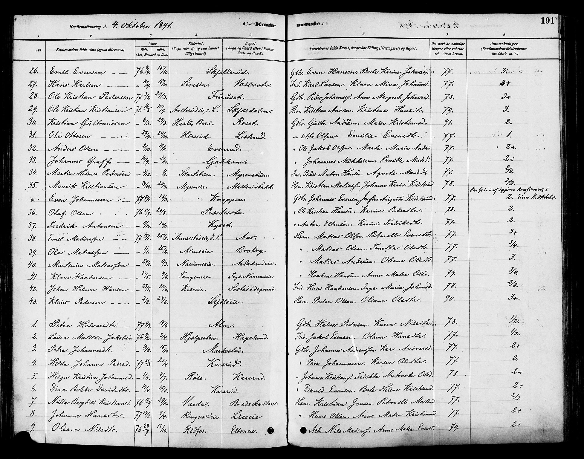 Vestre Toten prestekontor, SAH/PREST-108/H/Ha/Haa/L0009: Parish register (official) no. 9, 1878-1894, p. 191