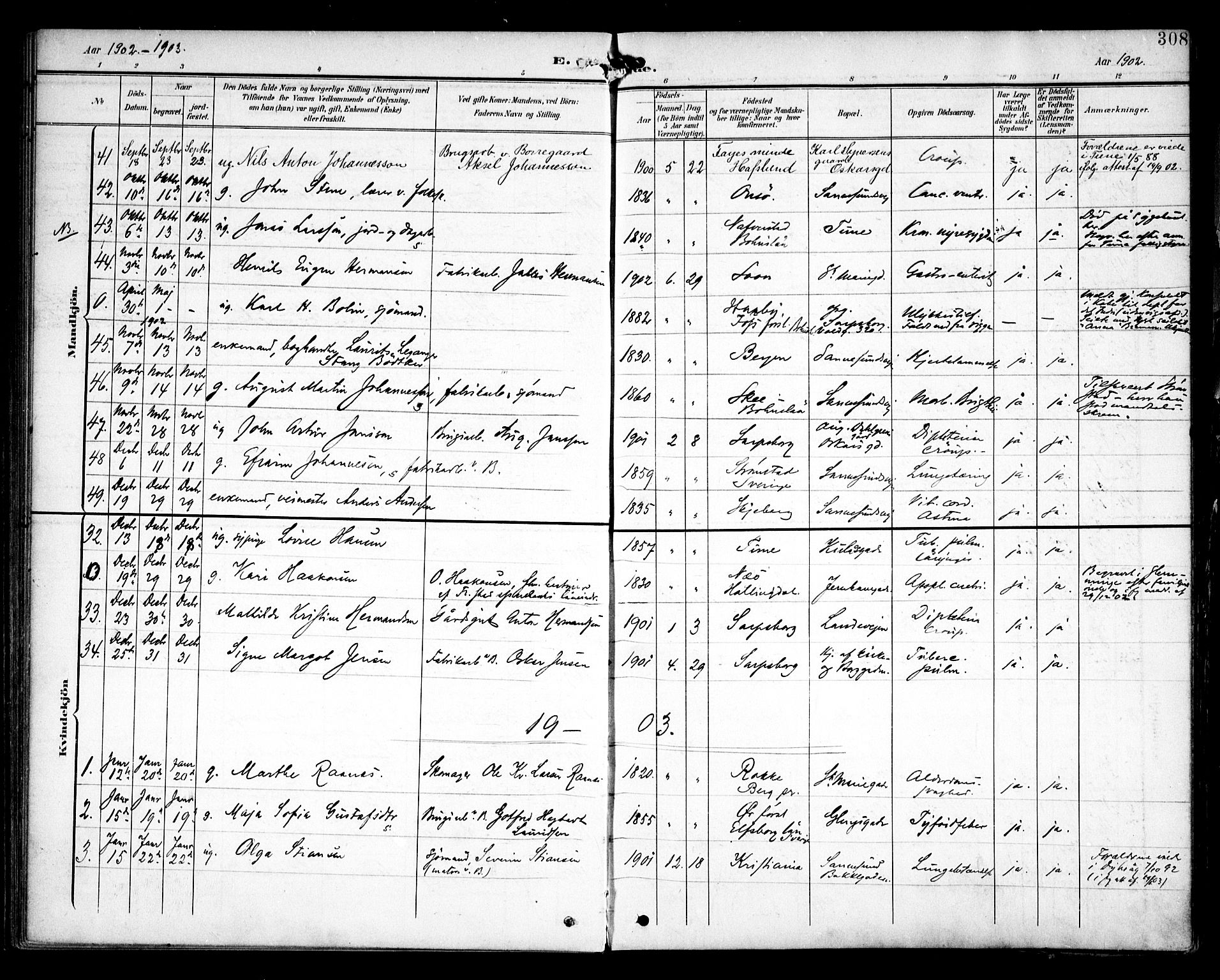 Sarpsborg prestekontor Kirkebøker, SAO/A-2006/F/Fa/L0006: Parish register (official) no. 6, 1900-1909, p. 308