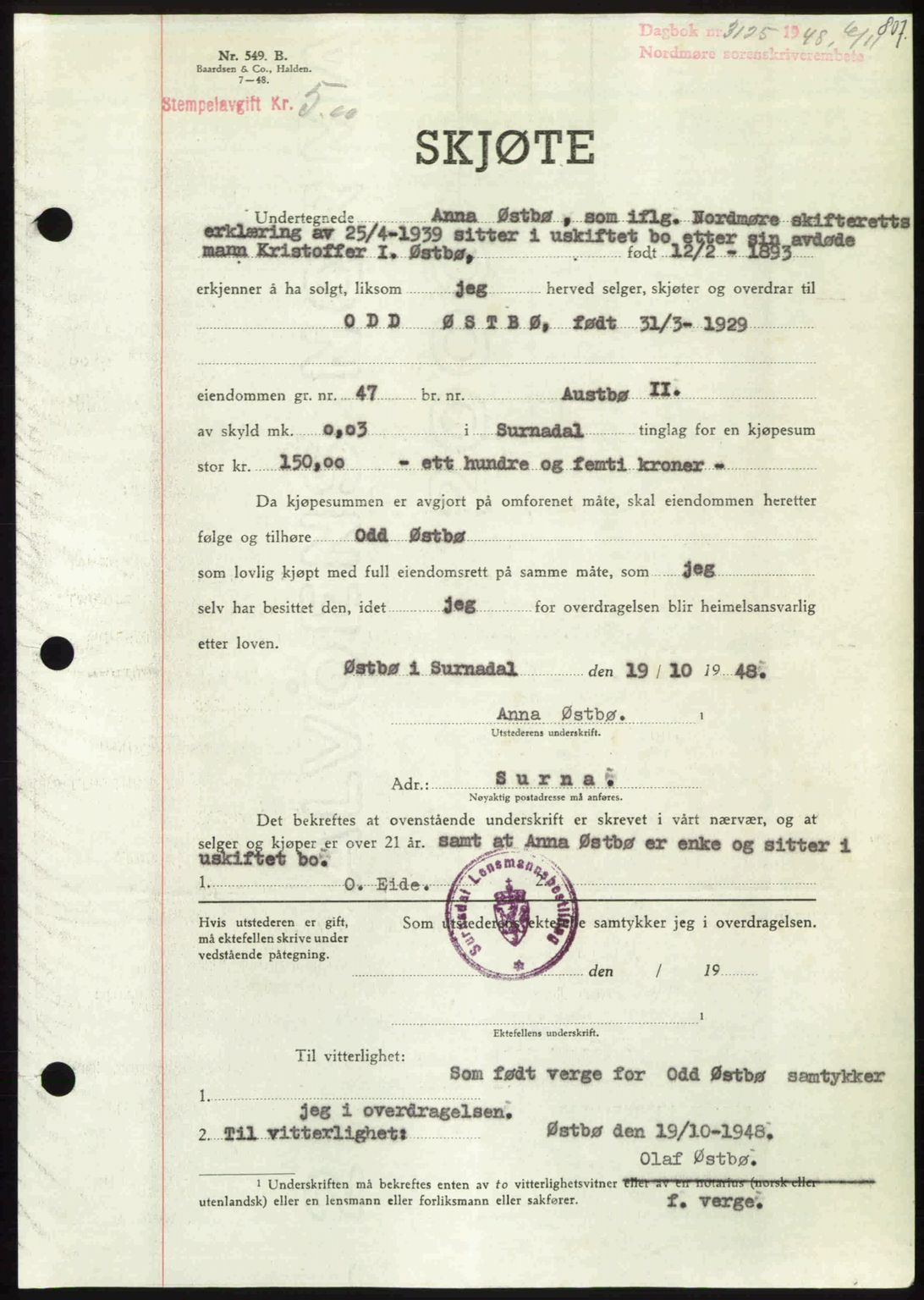 Nordmøre sorenskriveri, AV/SAT-A-4132/1/2/2Ca: Mortgage book no. A109, 1948-1948, Diary no: : 3125/1948