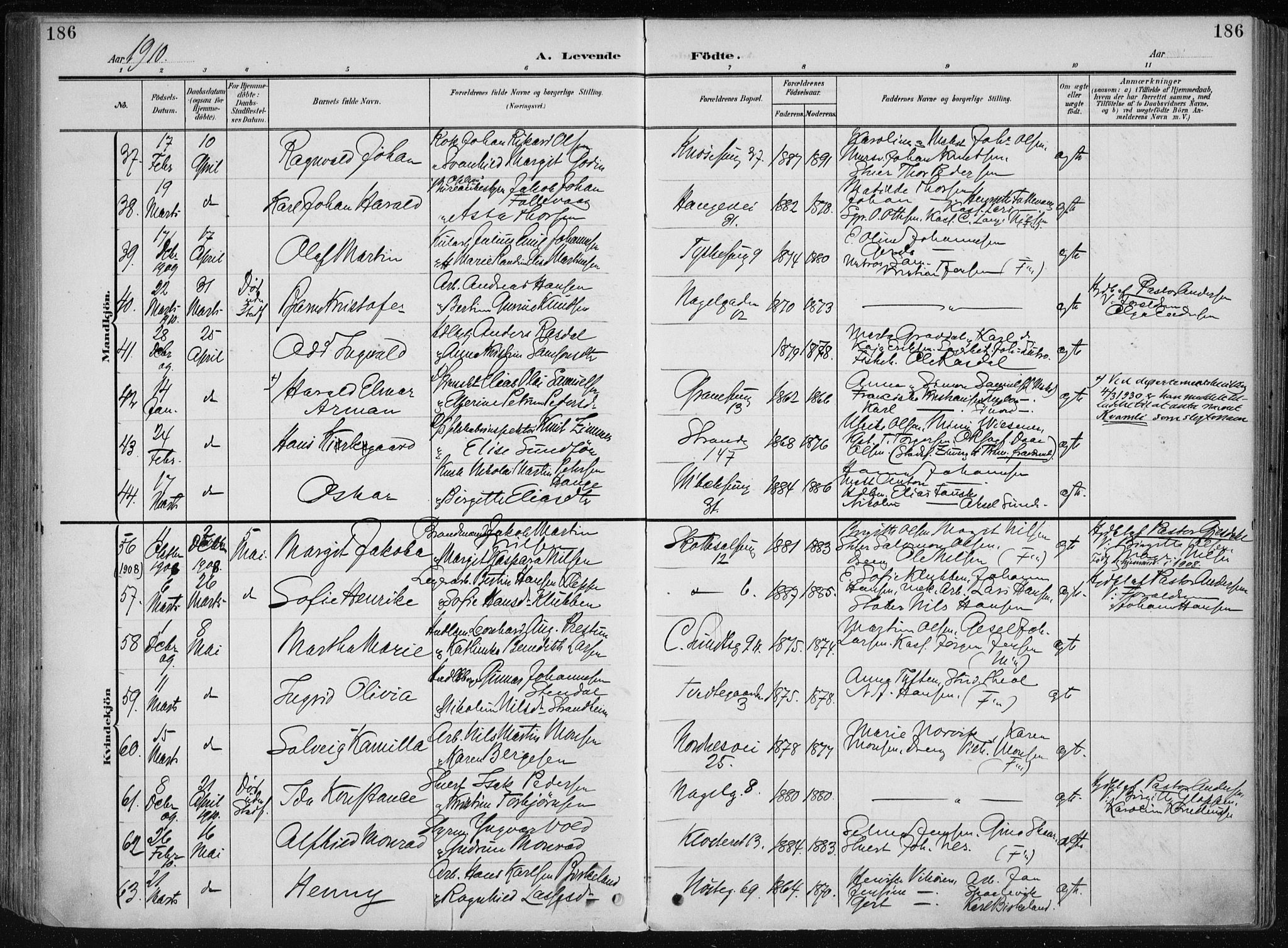 Nykirken Sokneprestembete, AV/SAB-A-77101/H/Haa/L0019: Parish register (official) no. B 7, 1904-1916, p. 186