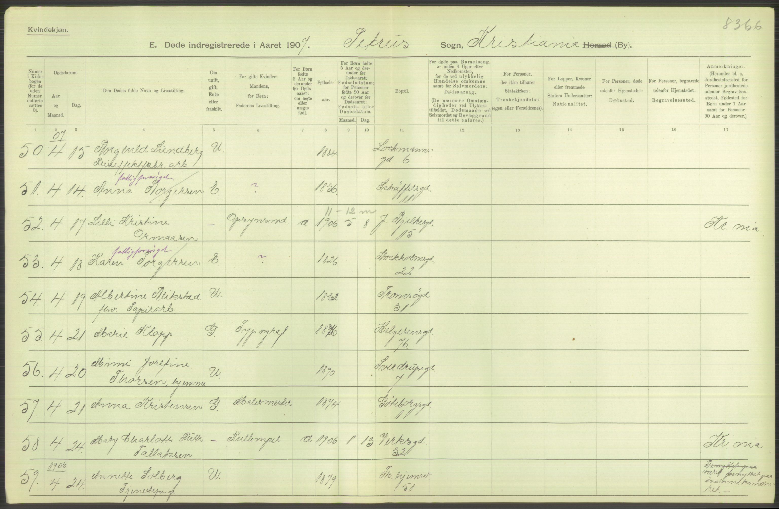 Statistisk sentralbyrå, Sosiodemografiske emner, Befolkning, RA/S-2228/D/Df/Dfa/Dfae/L0009: Kristiania: Døde, 1907, p. 362