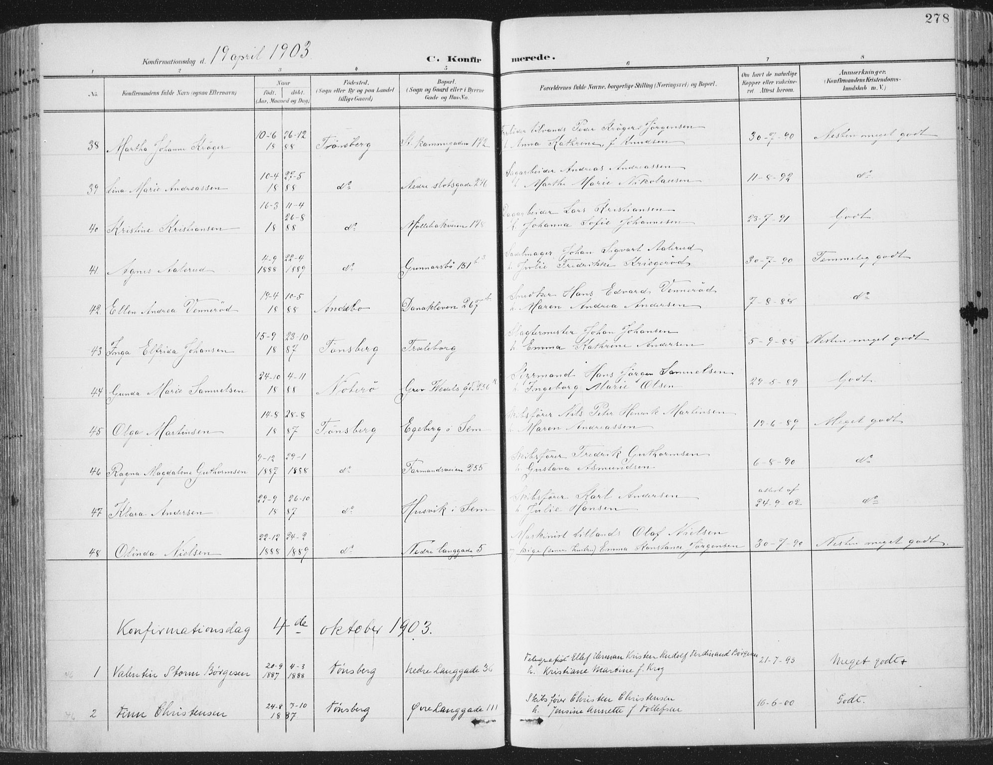 Tønsberg kirkebøker, AV/SAKO-A-330/F/Fa/L0014: Parish register (official) no. I 14, 1900-1913, p. 278