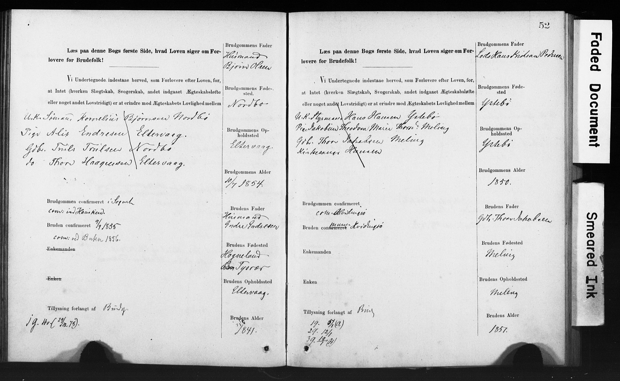 Rennesøy sokneprestkontor, SAST/A -101827/I/Ie/L0001: Banns register no. 1, 1873-1898, p. 52