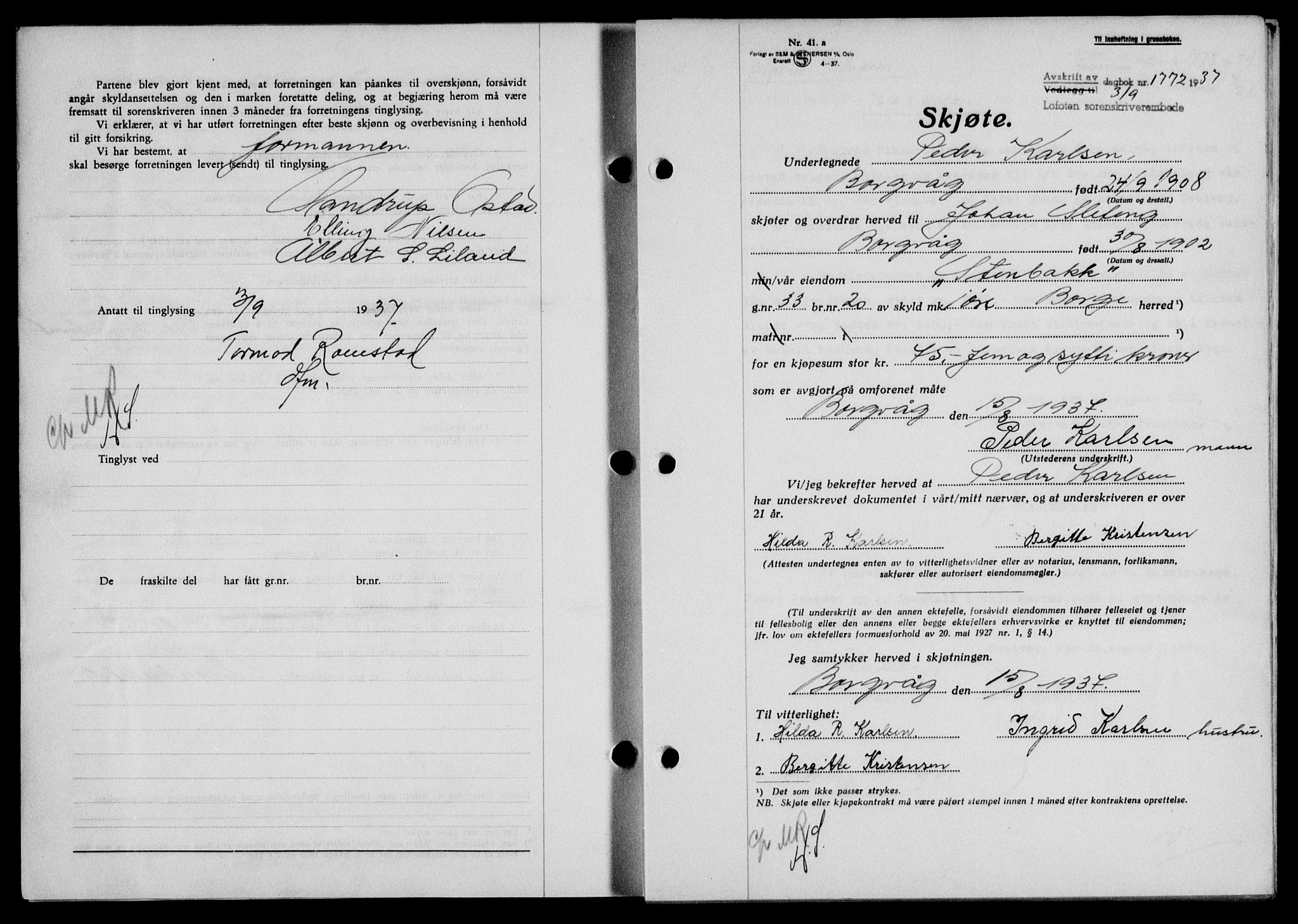 Lofoten sorenskriveri, SAT/A-0017/1/2/2C/L0002a: Mortgage book no. 2a, 1937-1937, Diary no: : 1772/1937