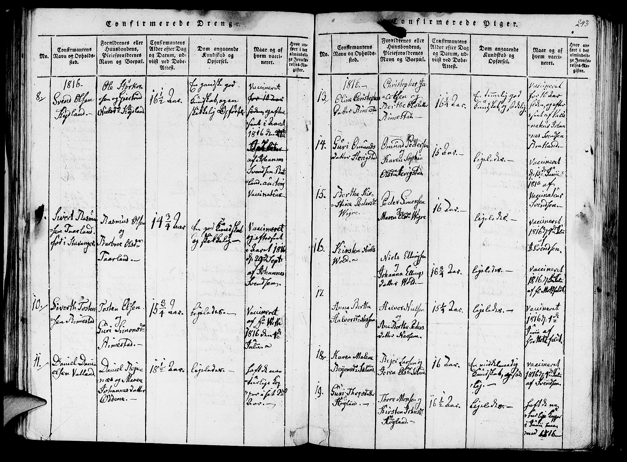 Hå sokneprestkontor, AV/SAST-A-101801/001/30BA/L0003: Parish register (official) no. A 3, 1815-1825, p. 243